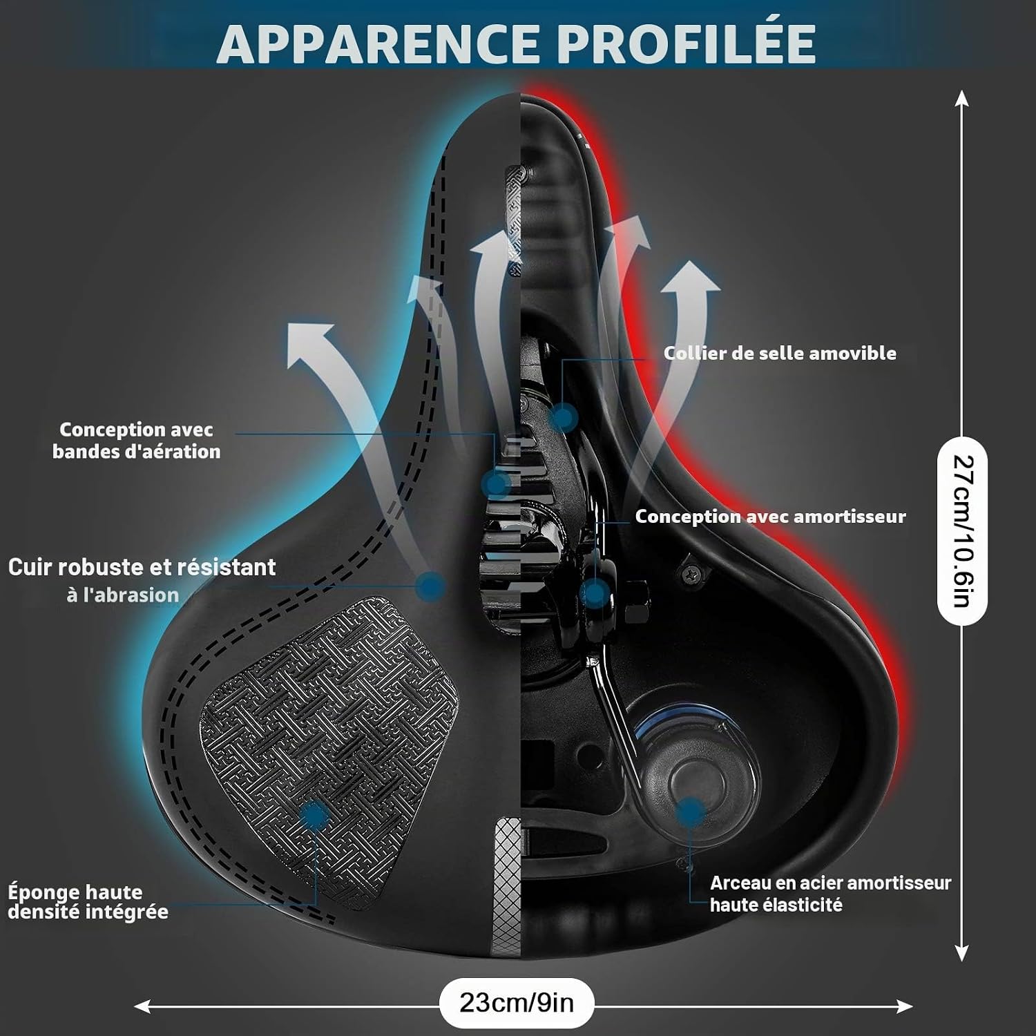 Detalle de Selle de vélo surdimensionnée en mousse à mémoire de forme avec absorption double-ressorts et surface imperméable