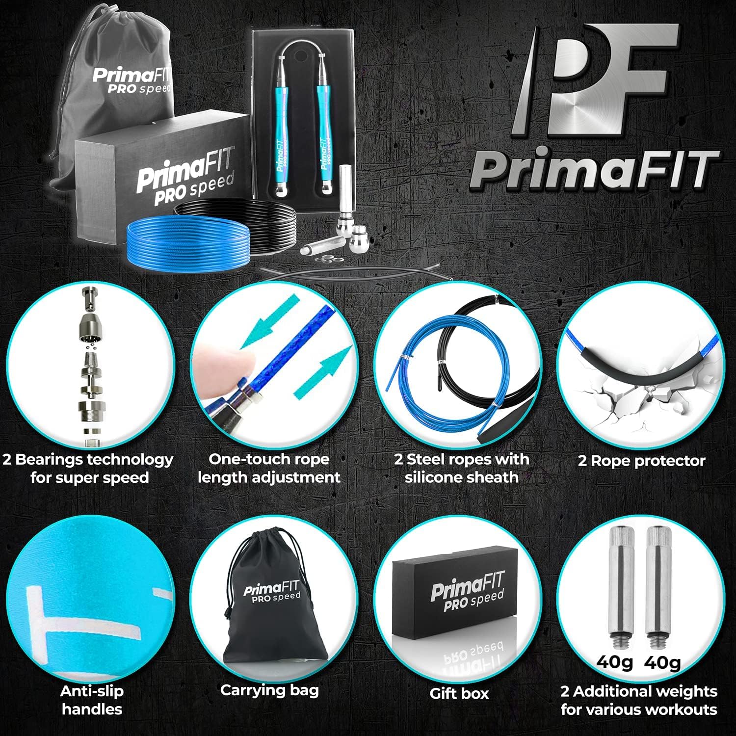 Detalle 2 de PrimaFIT Pro Speed corde à sauter crossfit lestée réglable (aluminium) pour sport et HIIT