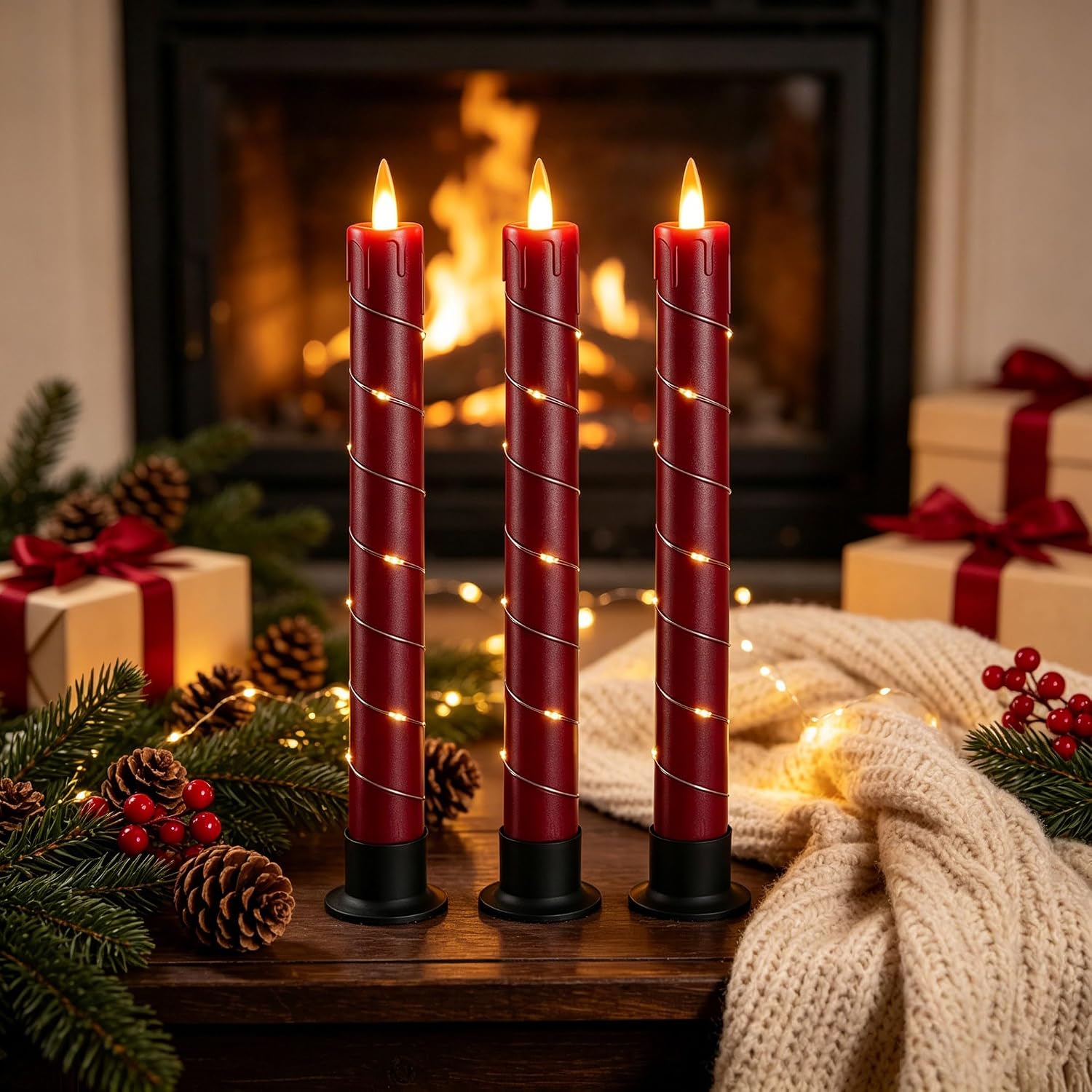 Detalle de Da by 3 Candele LED Rosse con Luci Fatate Avvolgenti e Telecomando – Set da 3