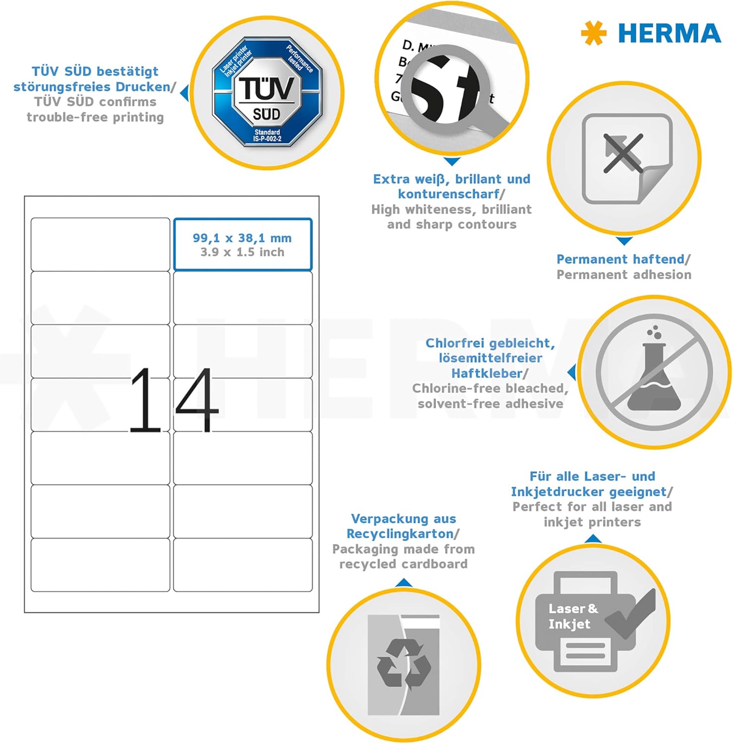 Thumbnail 5 de HERMA Etichette per Indirizzi 99,1 x 38,1 mm – 14 etichette per foglio, bianco, adesivo permanente
