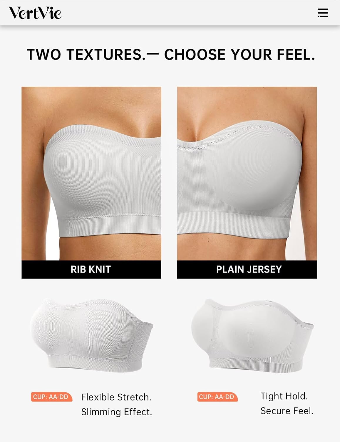 Detalle de Vertvie Strapless Wireless Push Up Bandeau Bra with Non-Slip Grip