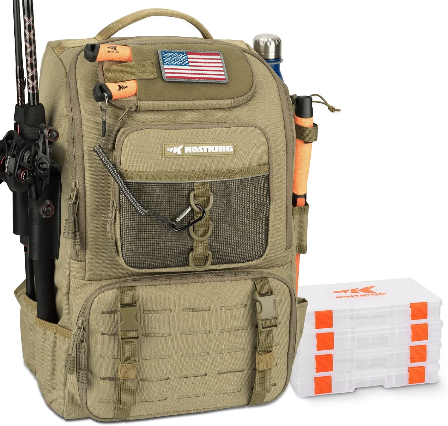 Detalle de KastKing KarryAll Fishing Tackle Backpack with Rod Holder and 4 Tackle Boxes (40/26L)