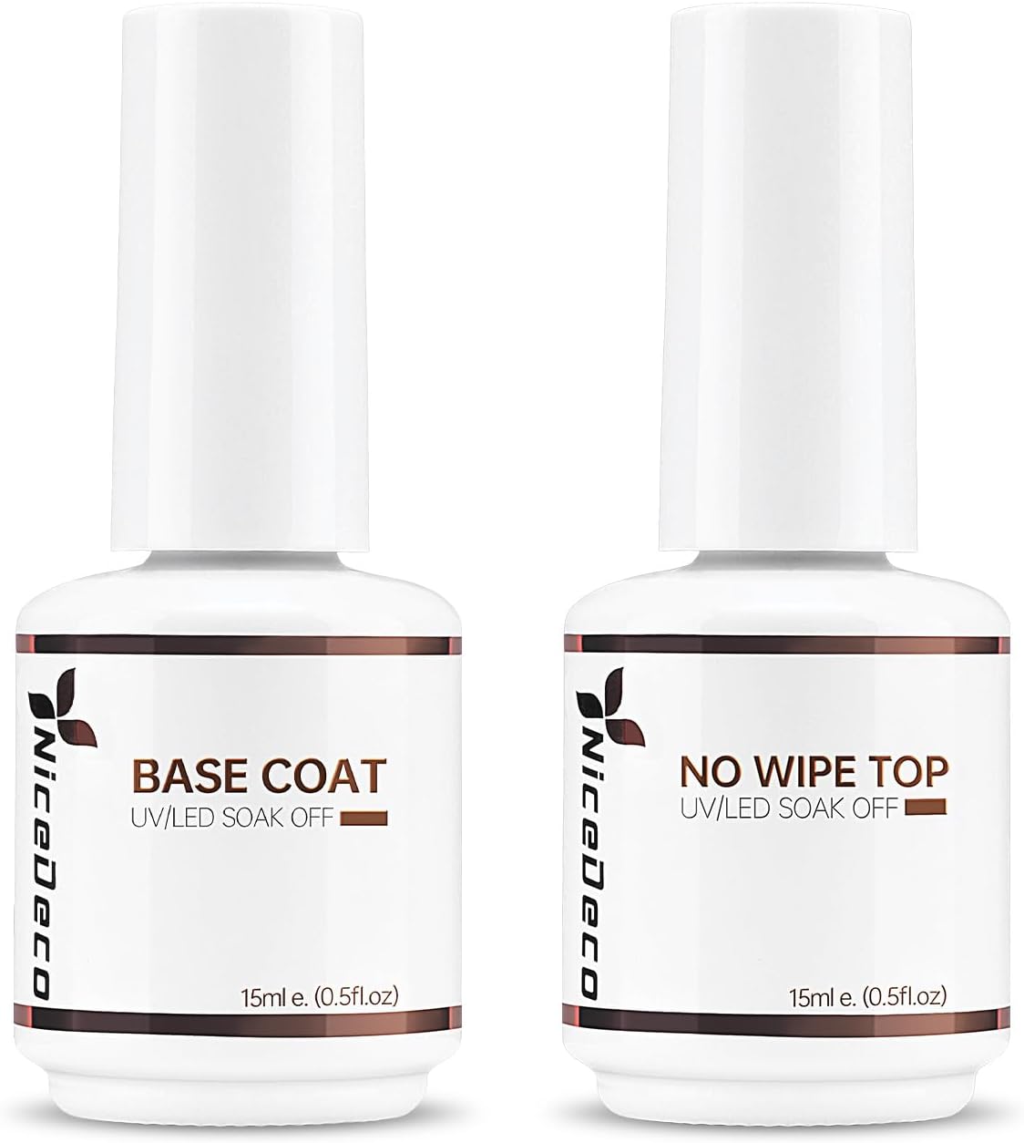 Nicedeco Base e Top Coat Semipermanente per Unghie – Kit Gel Soak Off 15 ml (Base + No Wipe Top Coat) Vegano