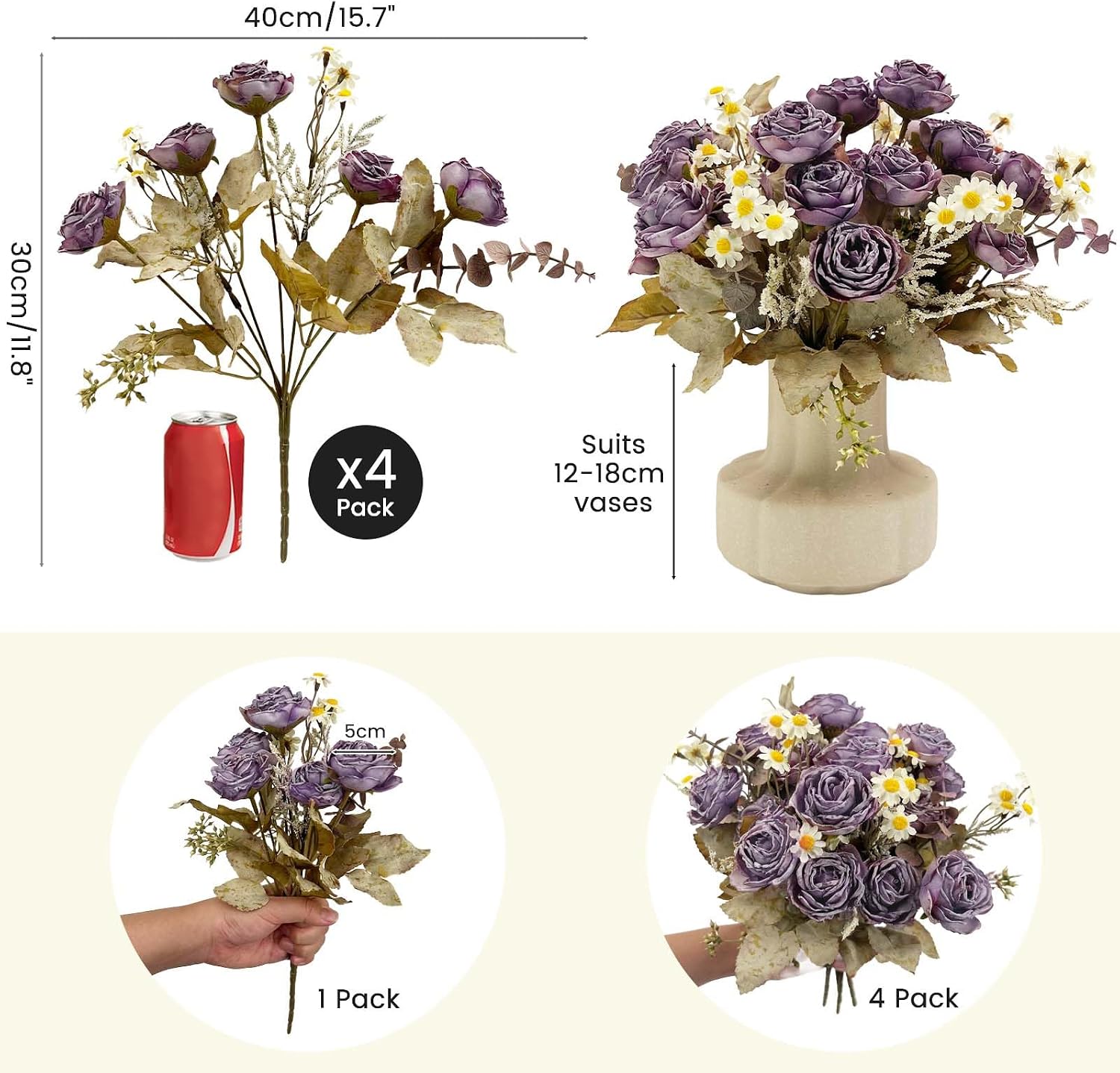 Detalle de Daily Treasures Vintage Dry Flower Bouquet Set – Fire-Roasted Rose with Daisies, Autumn Purple, 30cm
