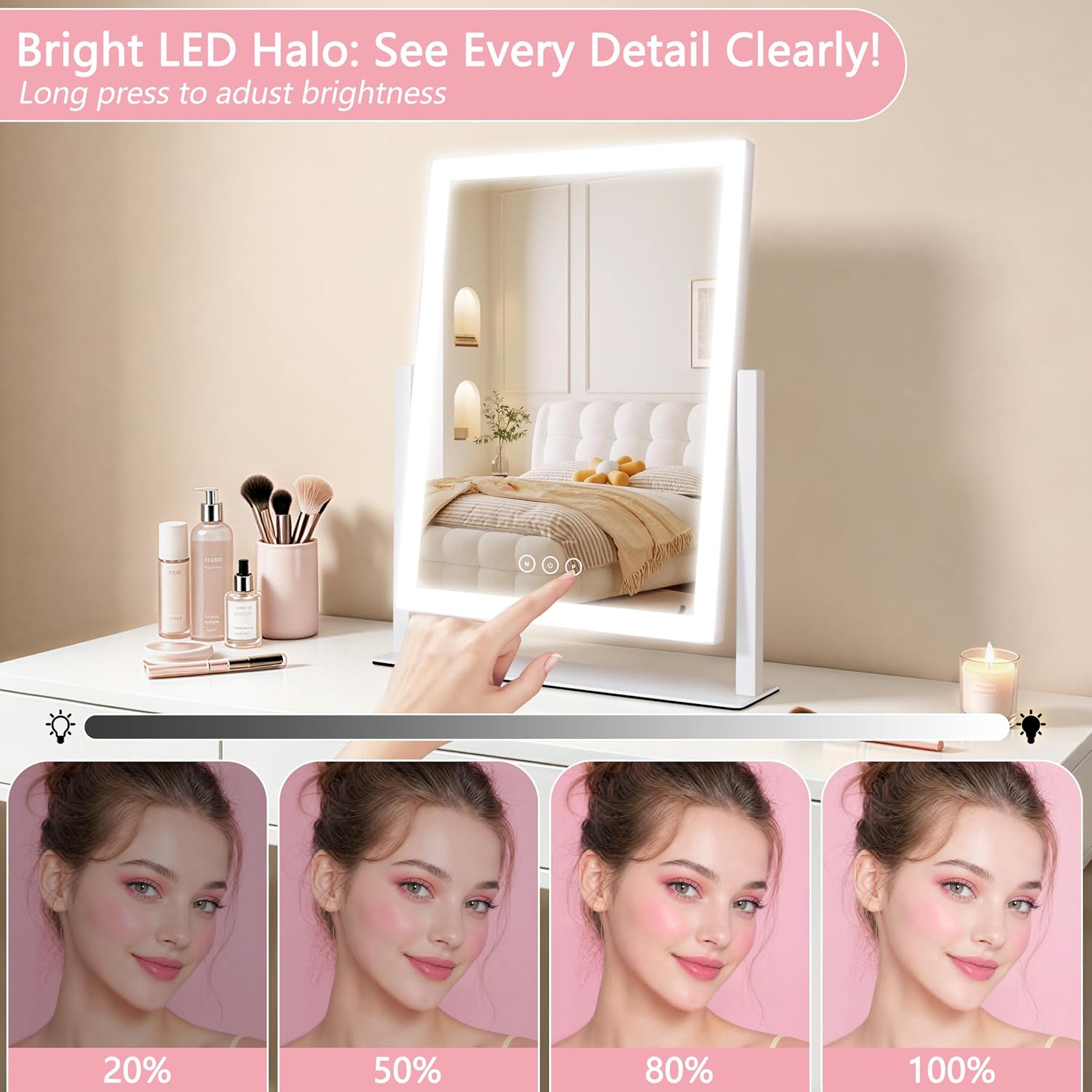 Detalle de Lighted Vanity Mirror with Lights: 16.7 x 13.2 inches, 180 LEDs, 3 Color Modes, 360° Rotation