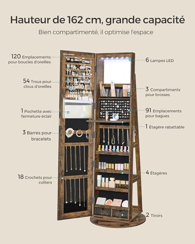 Detalle 2 de SONGMICS Armoire à Bijoux avec Miroir sur Pieds - Verrouillable, 6 LED, Rangement Pivotant 360°, Miroir Psyché sans Cadre, JJC007X01