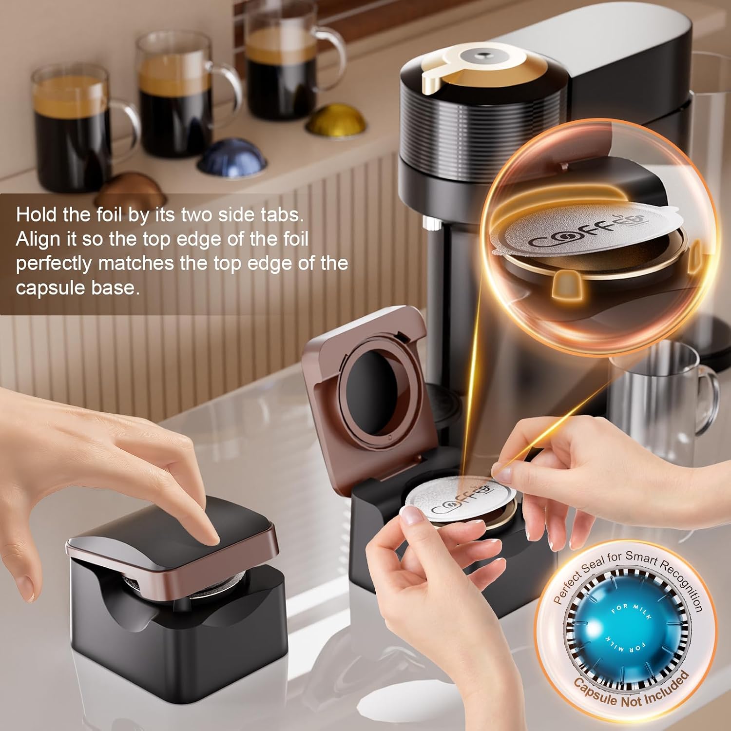 Detalle de Reusable Vertuo Pods Refill Kit for Nespresso – Upgraded Holder with 100 Lids and Press-to-Seal System