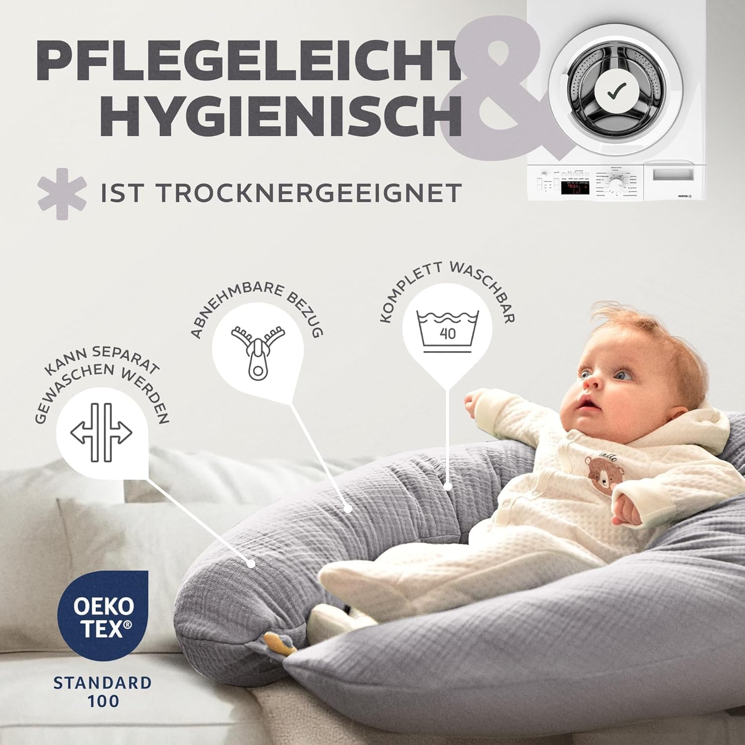 Thumbnail 5 de sei Design XXL Stillkissen 190 cm × 35 cm – ergonomisch mit Musselin-Bezug aus Bio-Baumwolle