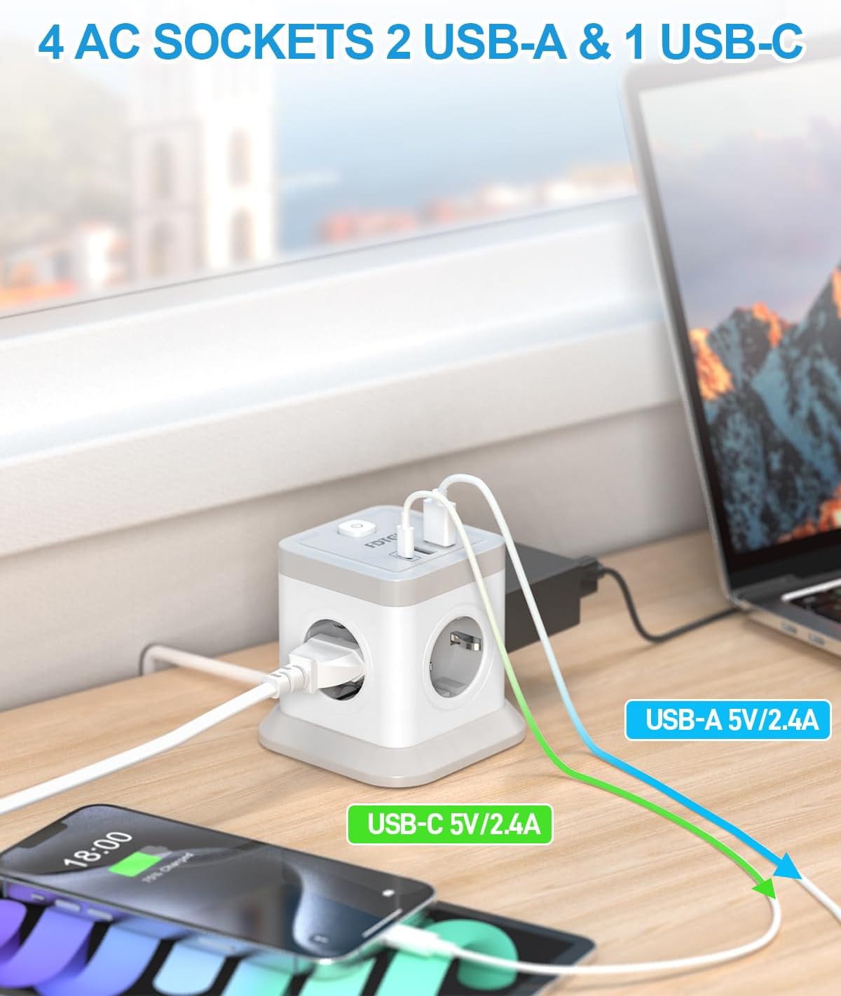Detalle de FDTEK kubformat grenuttag med USB-C, fyra uttag och 1,8 m kabel