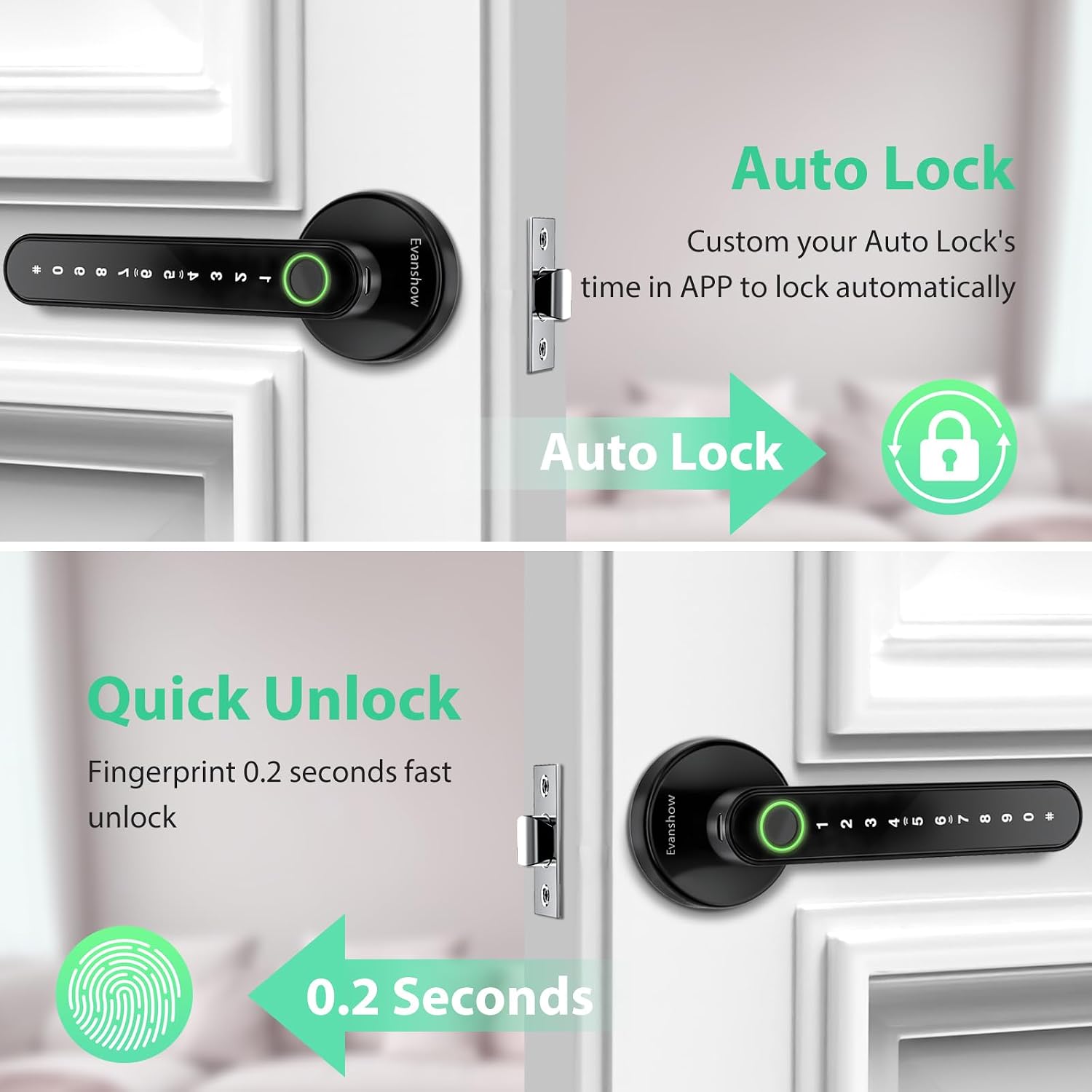 Thumbnail 3 de Evanshow Fingerprint Door Lock Biometric Door Knob with Keypad (Black) – 4-in-1 Smart Lock