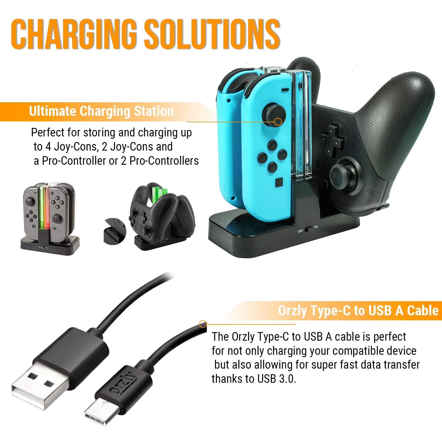 Detalle 2 de Orzly Geek Pack Accessory Bundle Kit for Nintendo Switch (Jet Black) with Case, Screen Protectors, Joy-Con Grips, Wheels & Charge Station