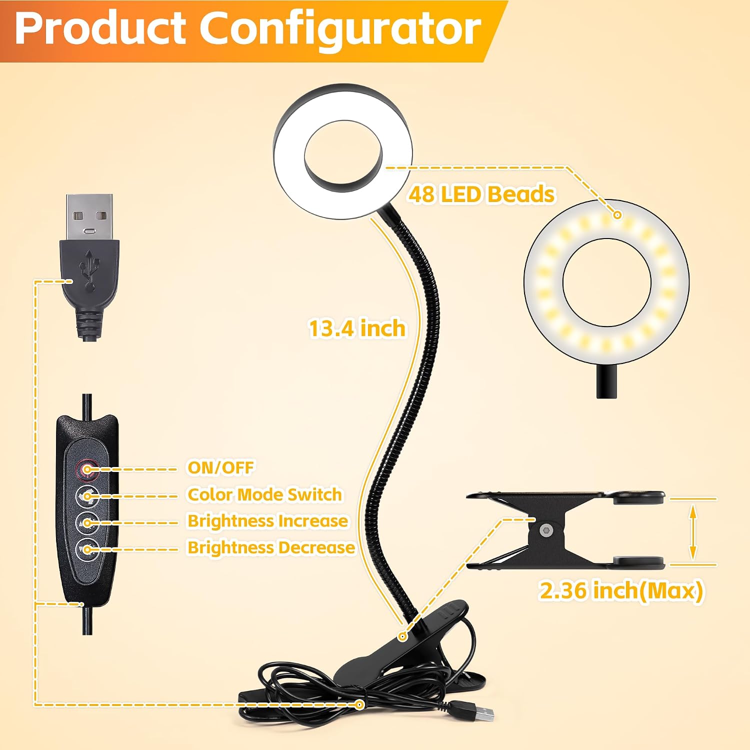 Detalle 2 de Foneso 1 LED Clip-On Desk Lamp, 3 Colour Modes, 360° Gooseneck