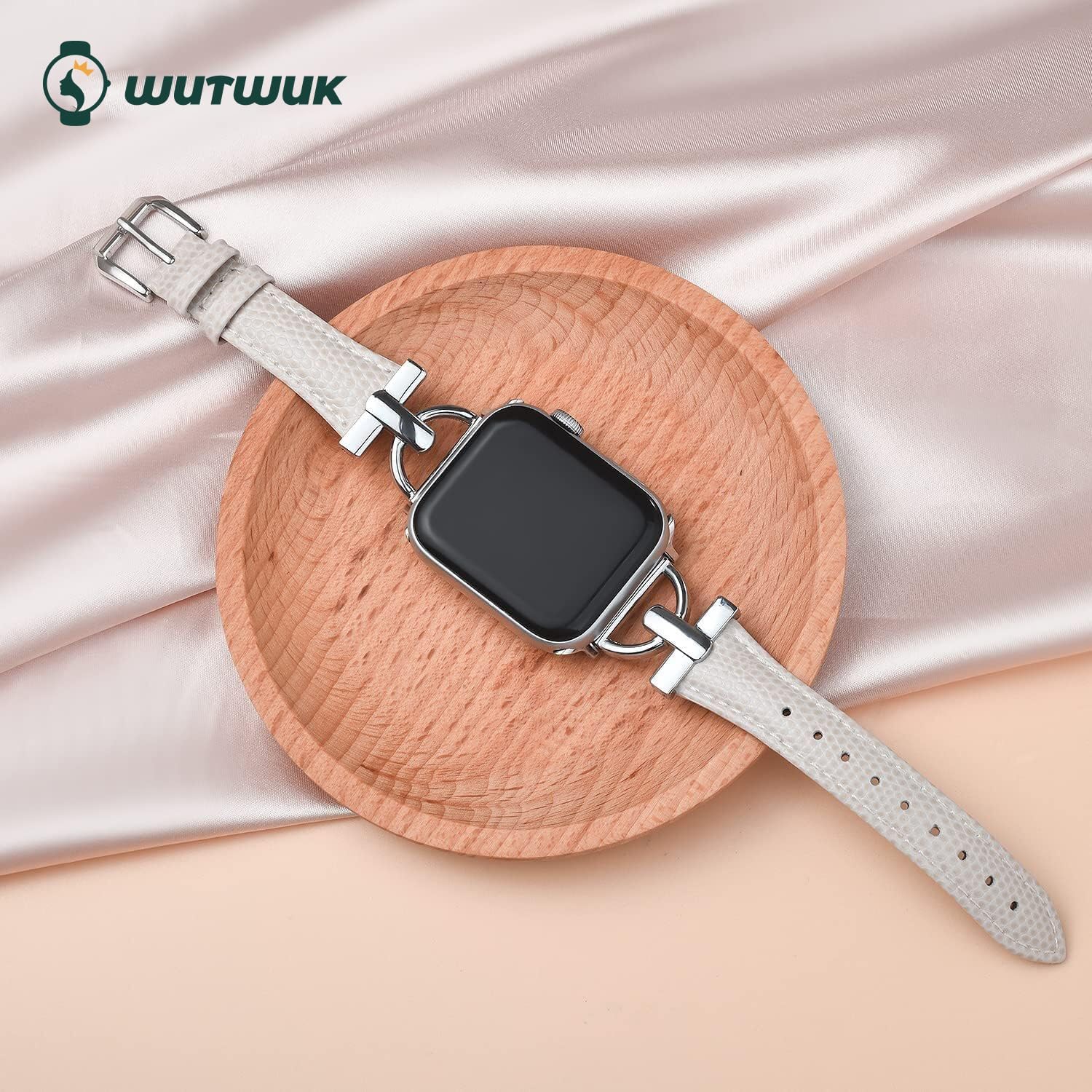Detalle de Wutwuk Leather Apple Watch Strap for Women — 38–42mm with D-Buckle (White & Silver), Compatibility with SE/Series 1–11