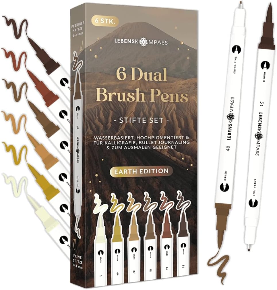 Detalle 2 de LEBENSKOMPASS® Brush Pen Set Pastel – 6 Pastell-Stiftsets für Handlettering, Ausmalen & Bullet Journal (Dual Tip)
