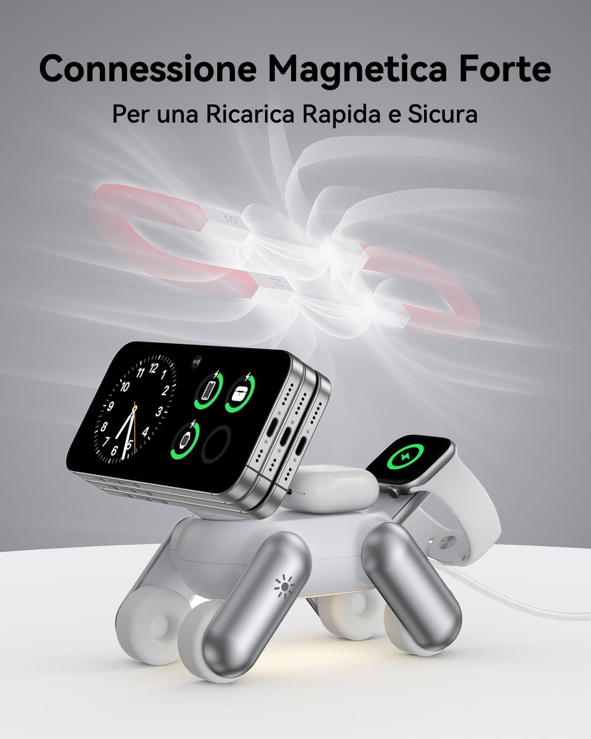 Detalle de Stazione di Ricarica MagSafe 3 in 1: ricarica simultanea per iPhone, Apple Watch e AirPods - design regolabile