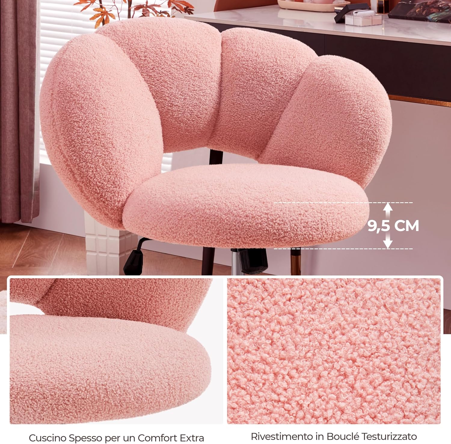 Detalle de Yaheetech sedia da ufficio con schienale “nuvola” in bouclé e ruote girevoli, altezza regolabile, rosa