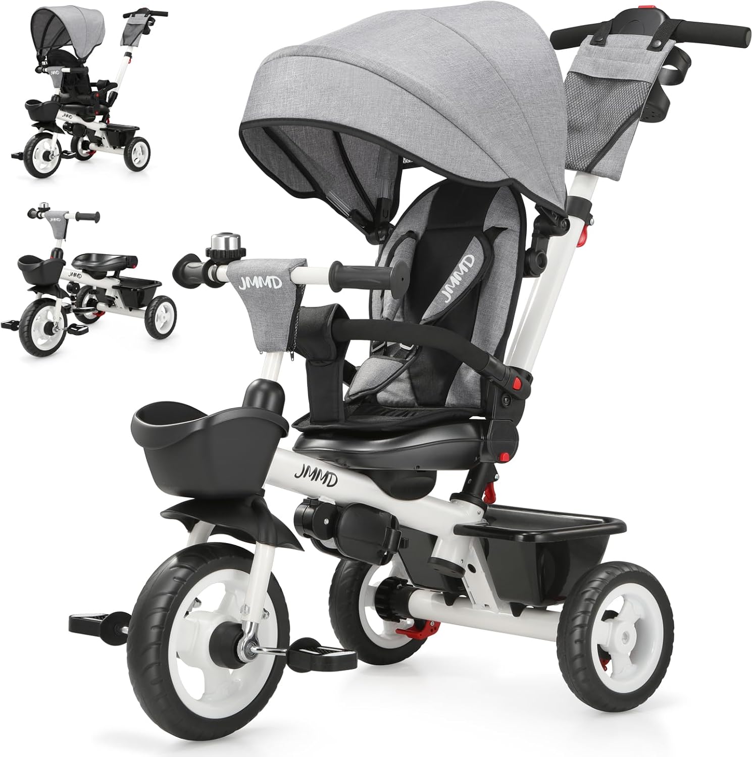 JMMD 7 in 1 Tricycle Stroller with Push Handle, 360° Swivel Seat, Canopy & Dual Brakes (Gray)