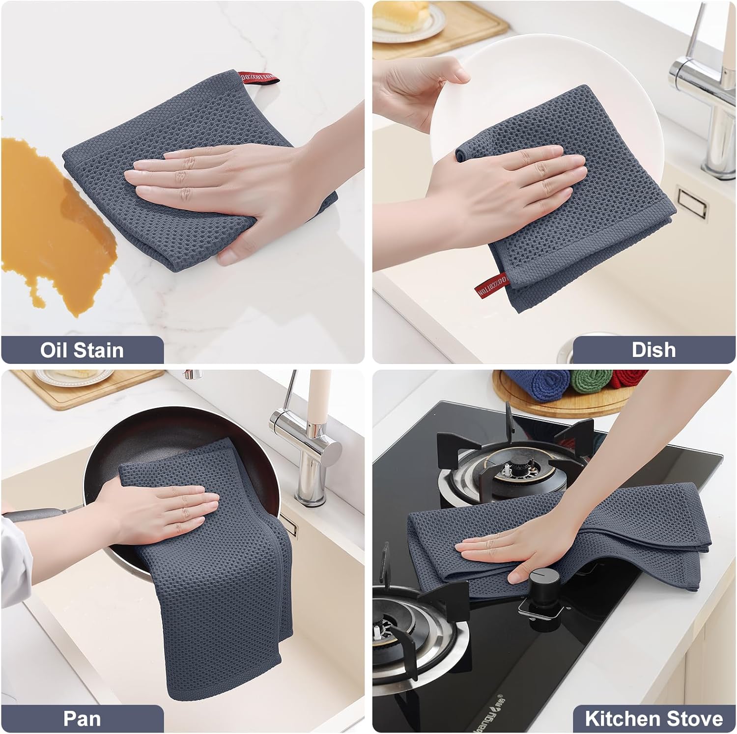 Detalle de Homaxy 100% Cotton Kitchen Towels & Dishcloths Set (10-Pack) — 12x12" & 13x28", Dark Grey