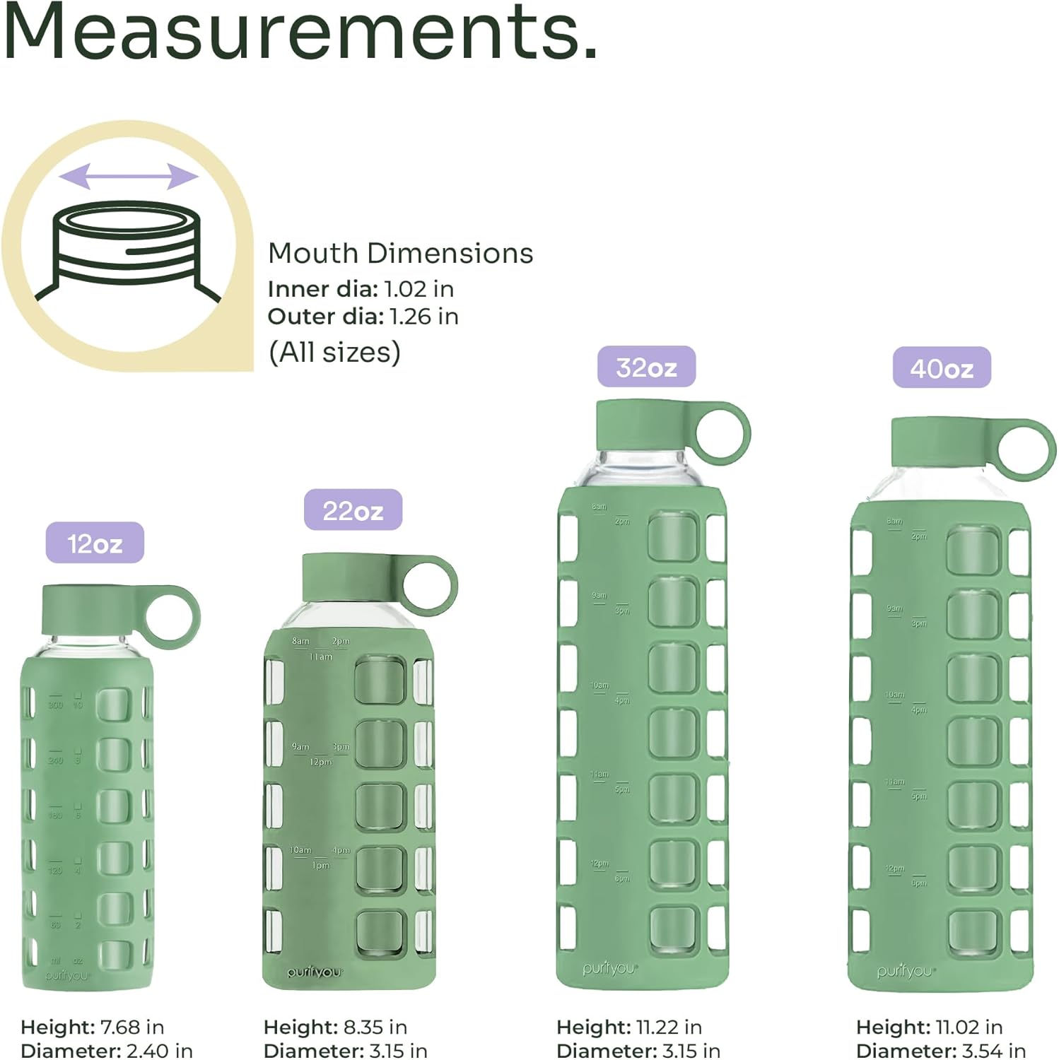 Thumbnail 1 de purifyou 32oz Shale Green Borosilicate Glass Water Bottle with Time & Volume Markers
