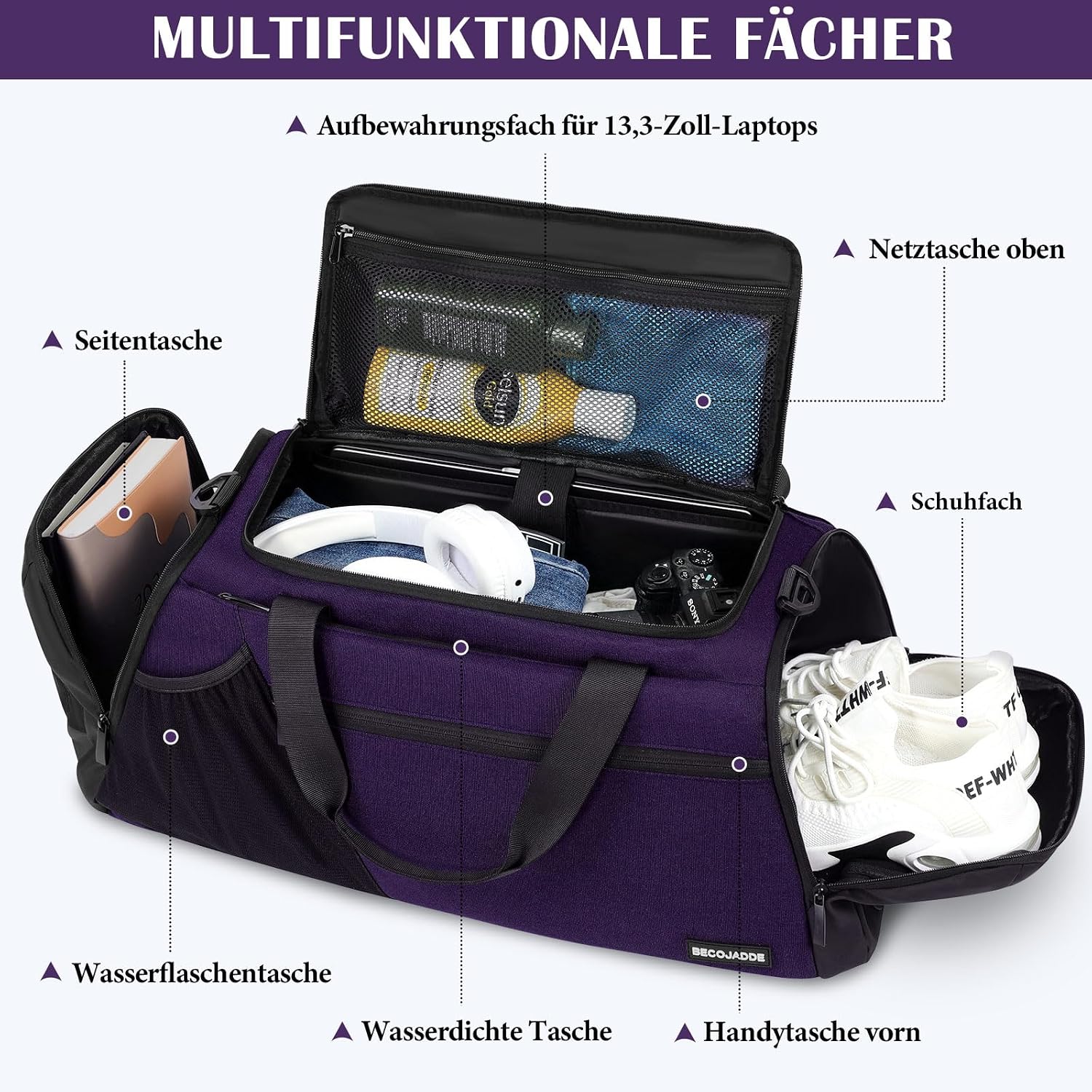 Detalle 2 de BECOJADDE 40L Sporttasche Herren – Vielseitiger Gymnastikrucksack mit Schuhfach, Nassfach und Laptopfach
