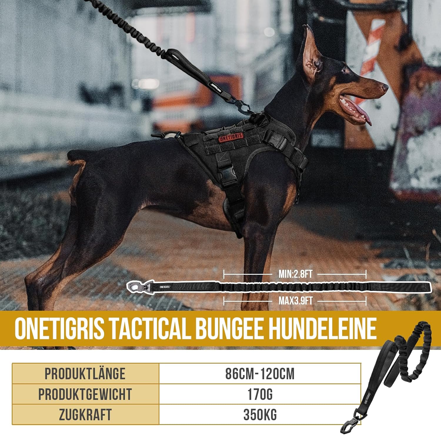 Detalle de OneTigris Laisse pour chien à ressort 86–120 cm en nylon avec clip tigre et double poignées – Noir
