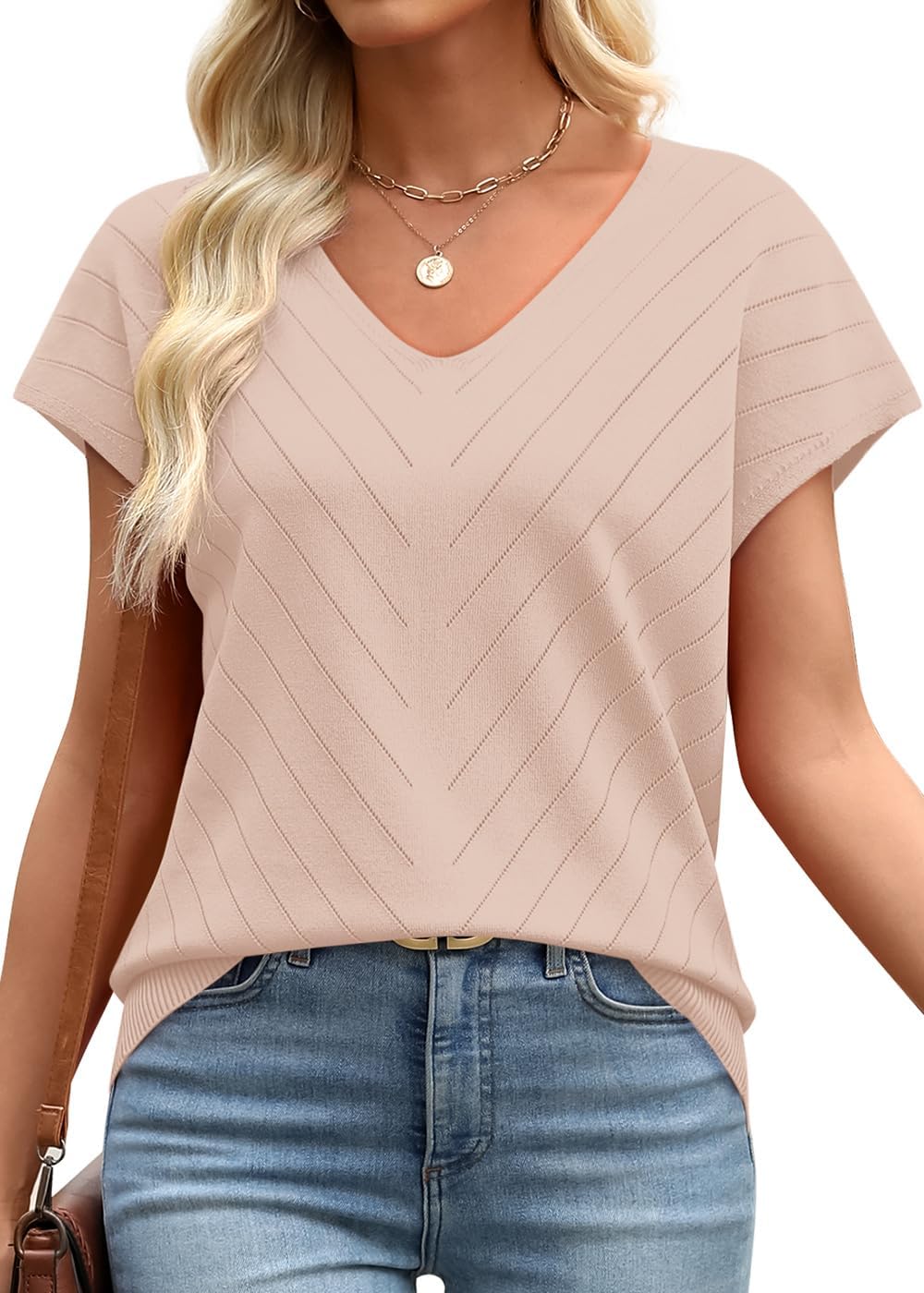 Detalle 2 de WIHOLL Women’s Short Sleeve V-Neck Sweater Top