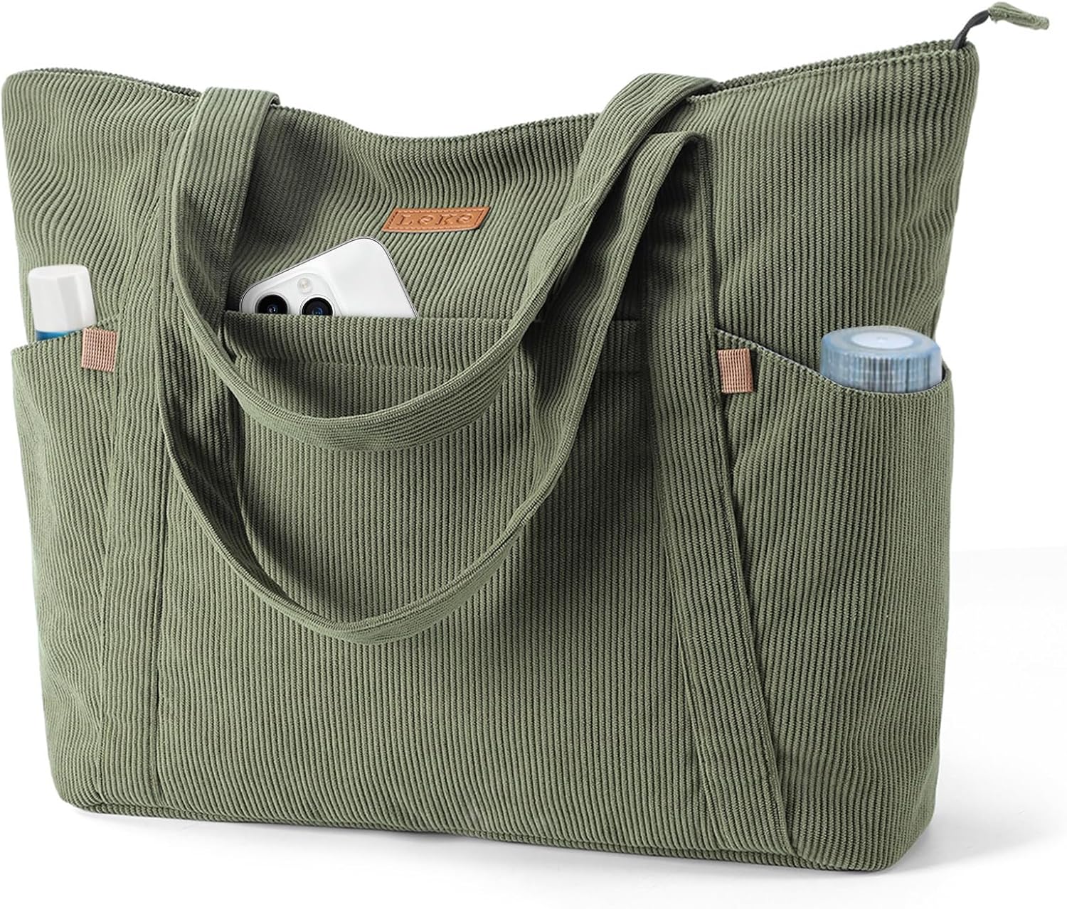 Imagen de Lekespring Cord Tasche Damen – Große Tote Bag mit Reißverschluss, 15,6 Zoll Laptopfach, Grün en OfertitasTOP