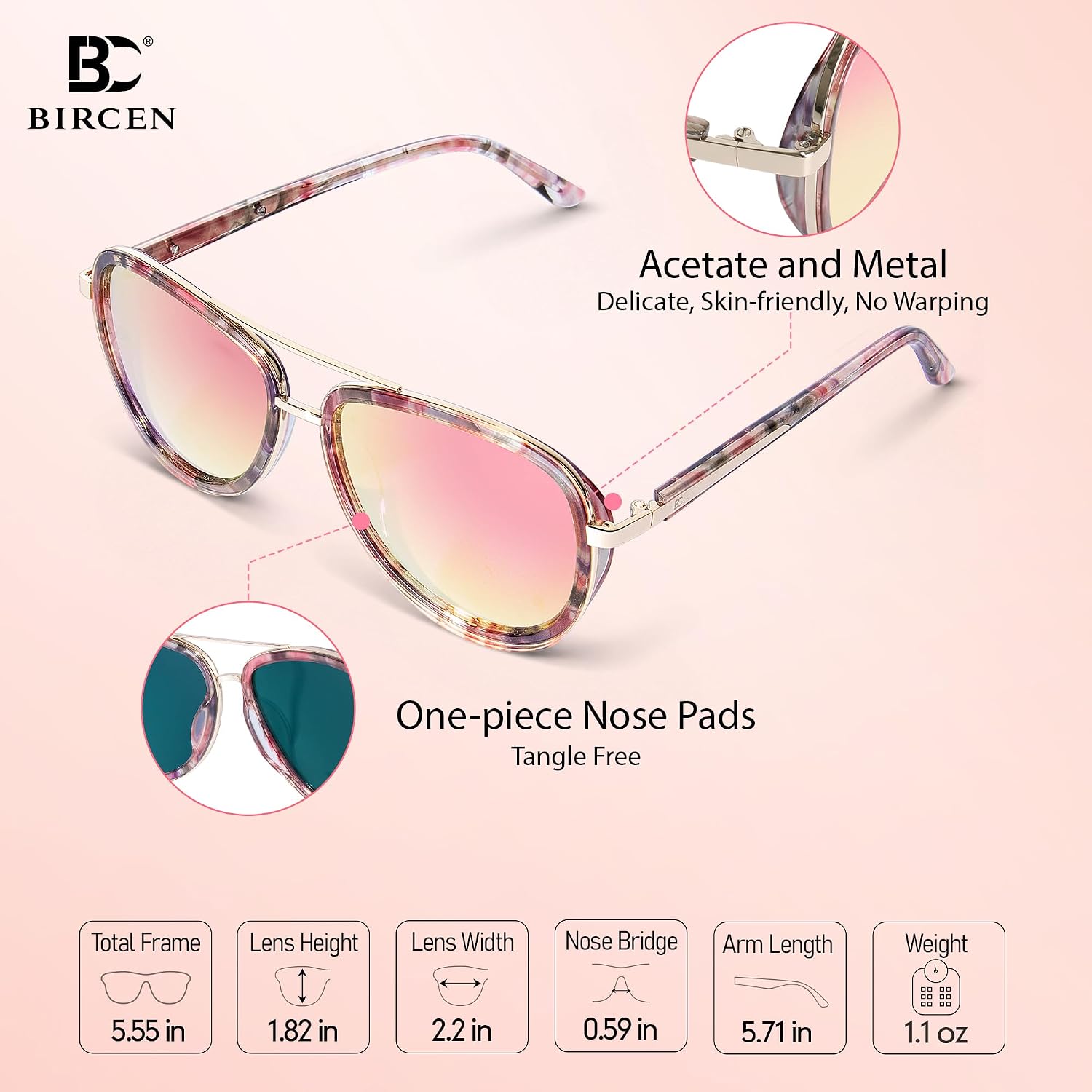 Detalle de Bircen BC2001 Polarized Retro Mirrored Sunglasses for Women with Acetate Frame