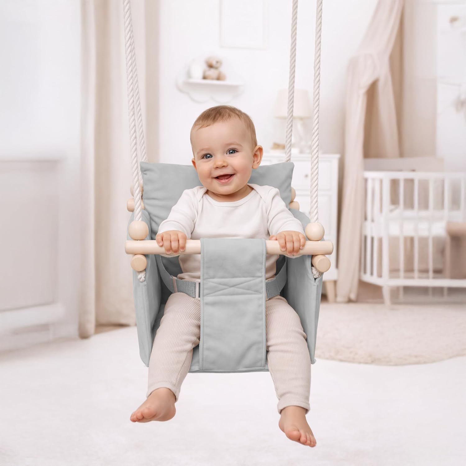 Detalle de Altalena per bambini MAMOI con cintura di sicurezza (6–36 mesi) max 20 kg, montaggio a soffitto per interni