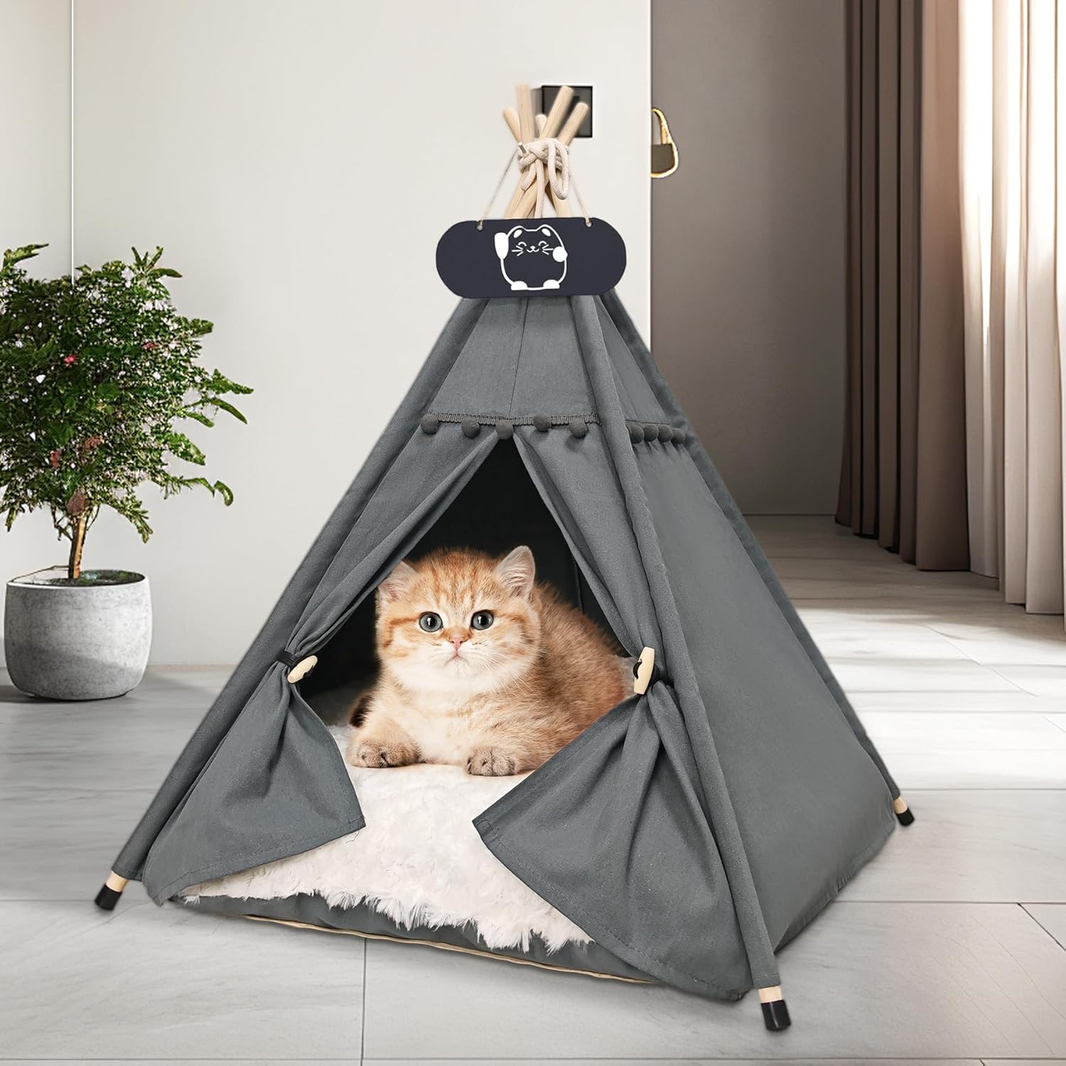 Detalle de Whiwhi Tipi Zelt für Haustiere – Luxus Hundehöhle mit abnehmbarem Doppel-Kissen, 60x60x70 cm