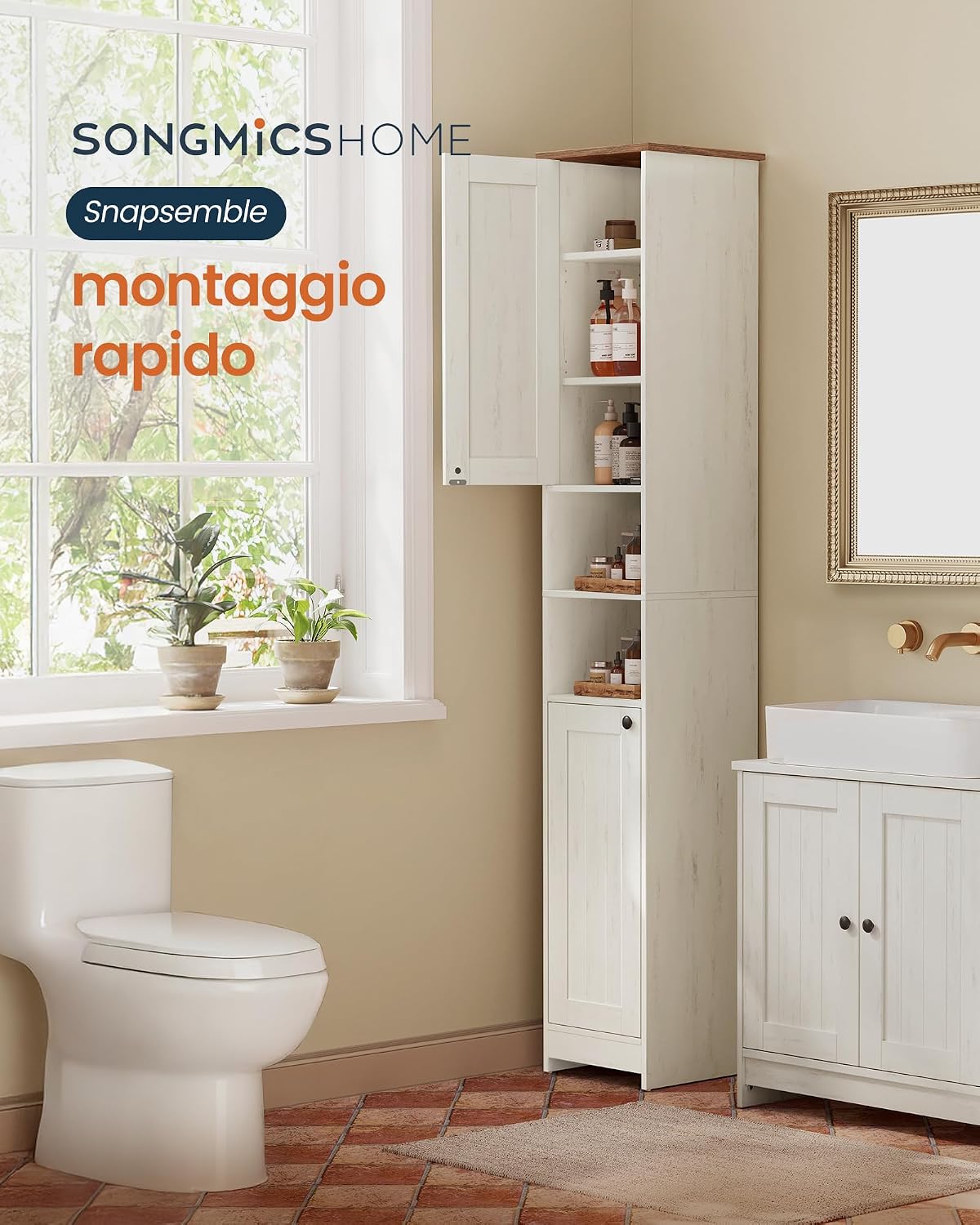 Thumbnail 2 de SONGMICS HOME Mobiletto da Bagno Stretto BBC667WJ01: montaggio toolless, design compatto e stile farmhouse moderno