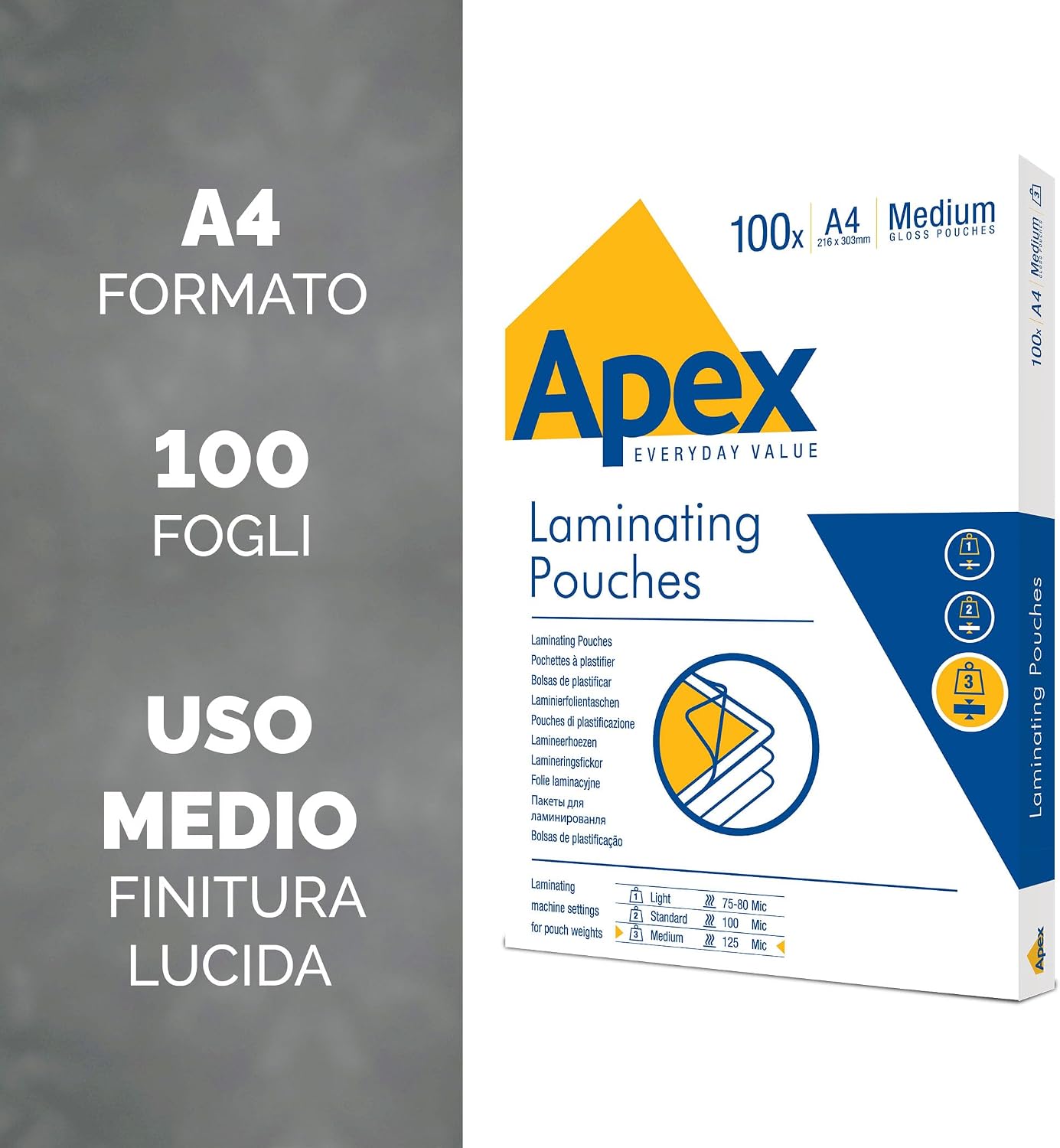 Detalle de Fellowes Apex Pouche per Plastificazione A4, Finitura Lucida, 100 Fogli – Medio spessore (250 micron)