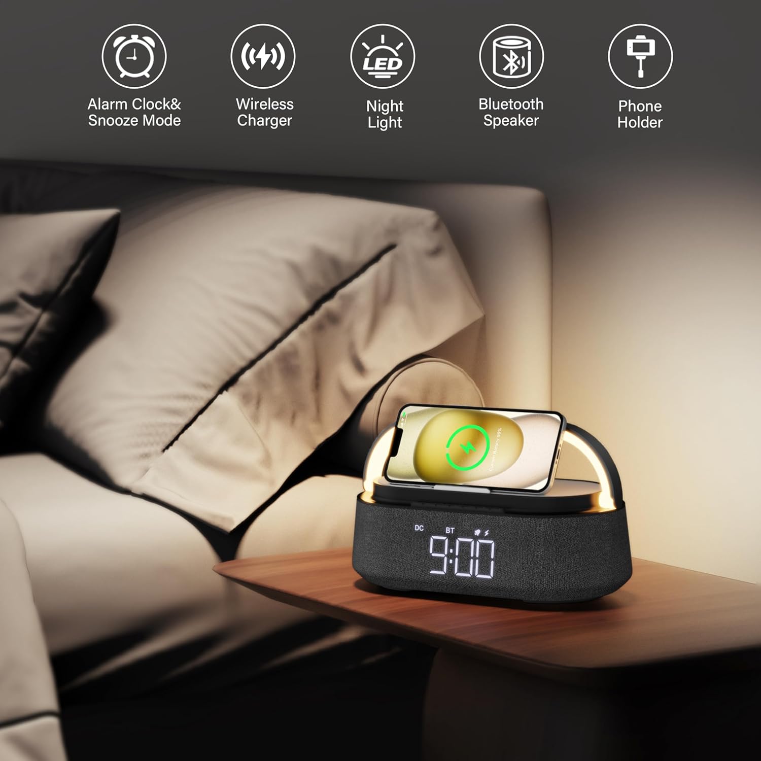 Thumbnail 6 de FREEFISH Bluetooth Speaker with Wireless Charger – 15W Quick Charge, FM Radio, Dual Speakers & Adjustable LED Night Light