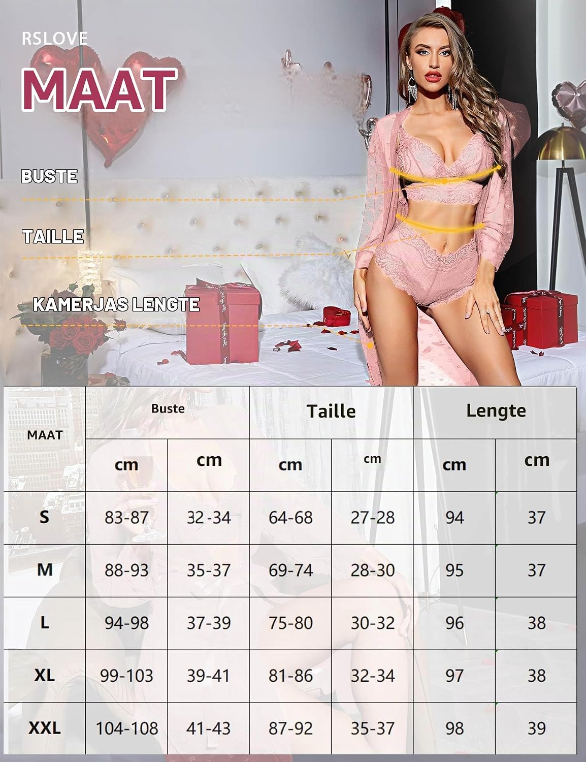 Detalle 1 de RSLOVE kanten lingerieset met mesh badjas, 3-delig