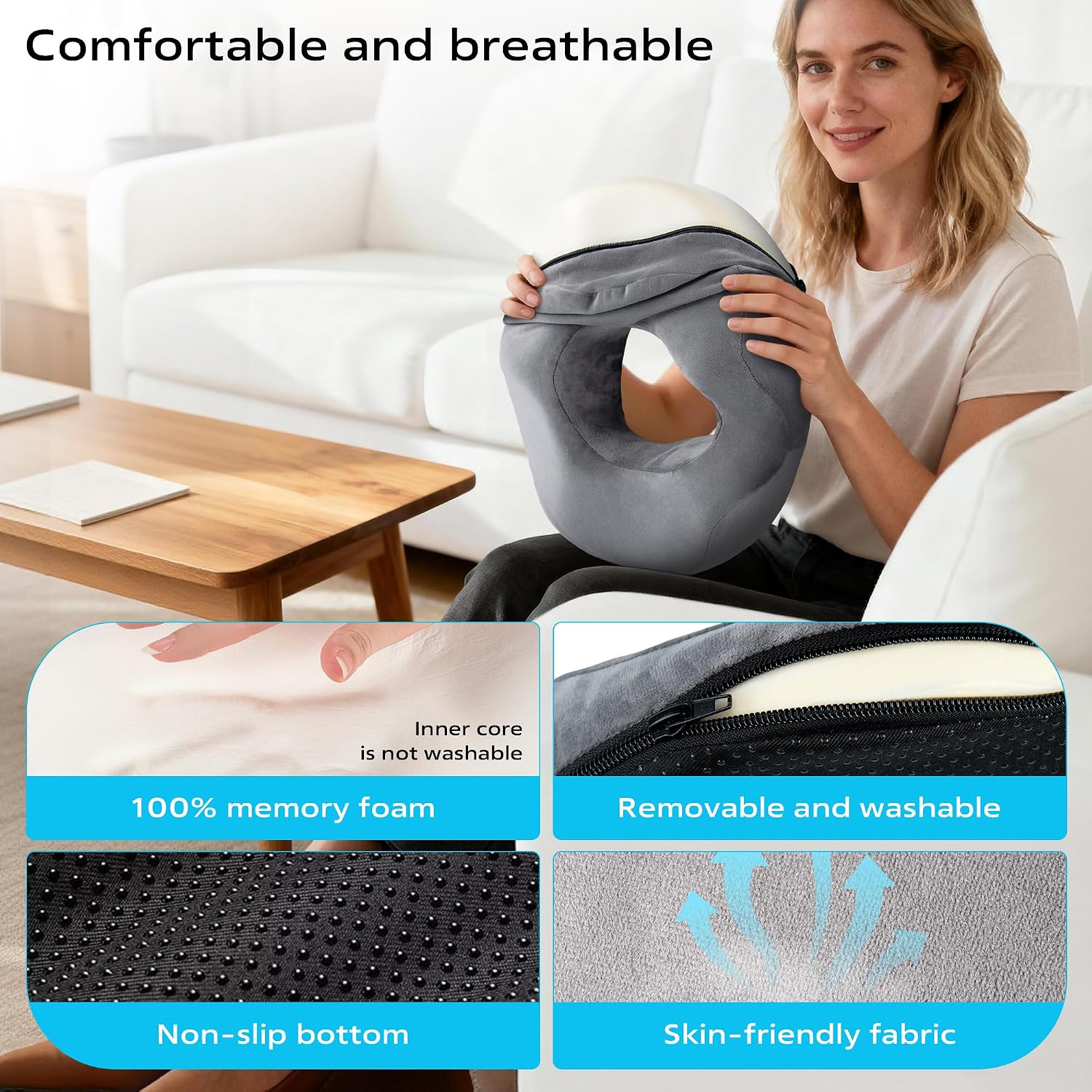 Detalle de HELILBSRIAIN ciambella ergonomica in memory foam per sedia e auto, con foro centrale e base antiscivolo