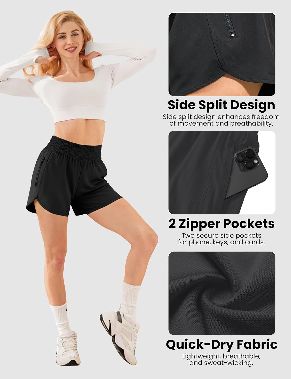 Detalle de GetGigt 3-Pack Women’s Running Shorts with Zipper Pockets, High Waisted Elastic & Liner
