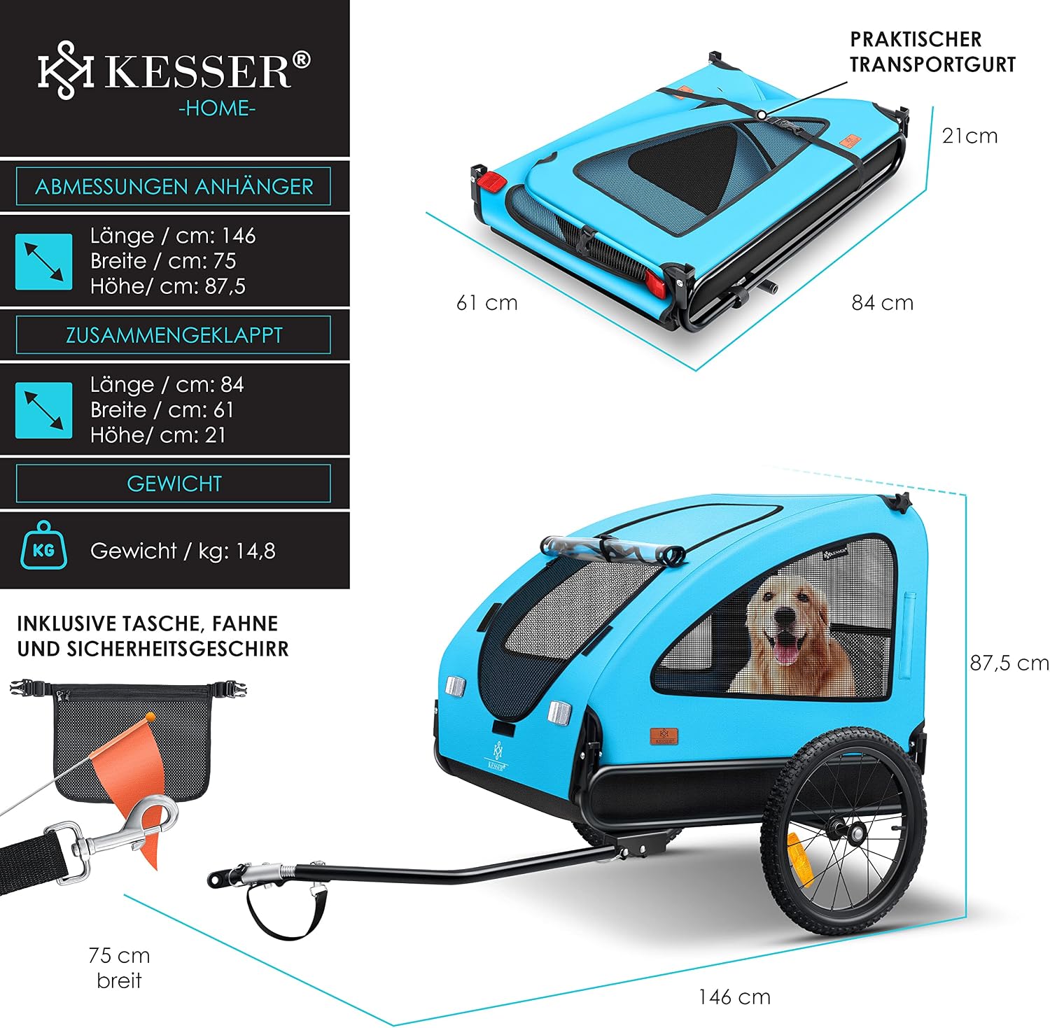 Thumbnail 6 de KESSER® Hundeanhänger Boxer 2-in-1: Hundebuggy/Fahrradanhänger für bis zu 45 kg – ca. 250 l, klappbar