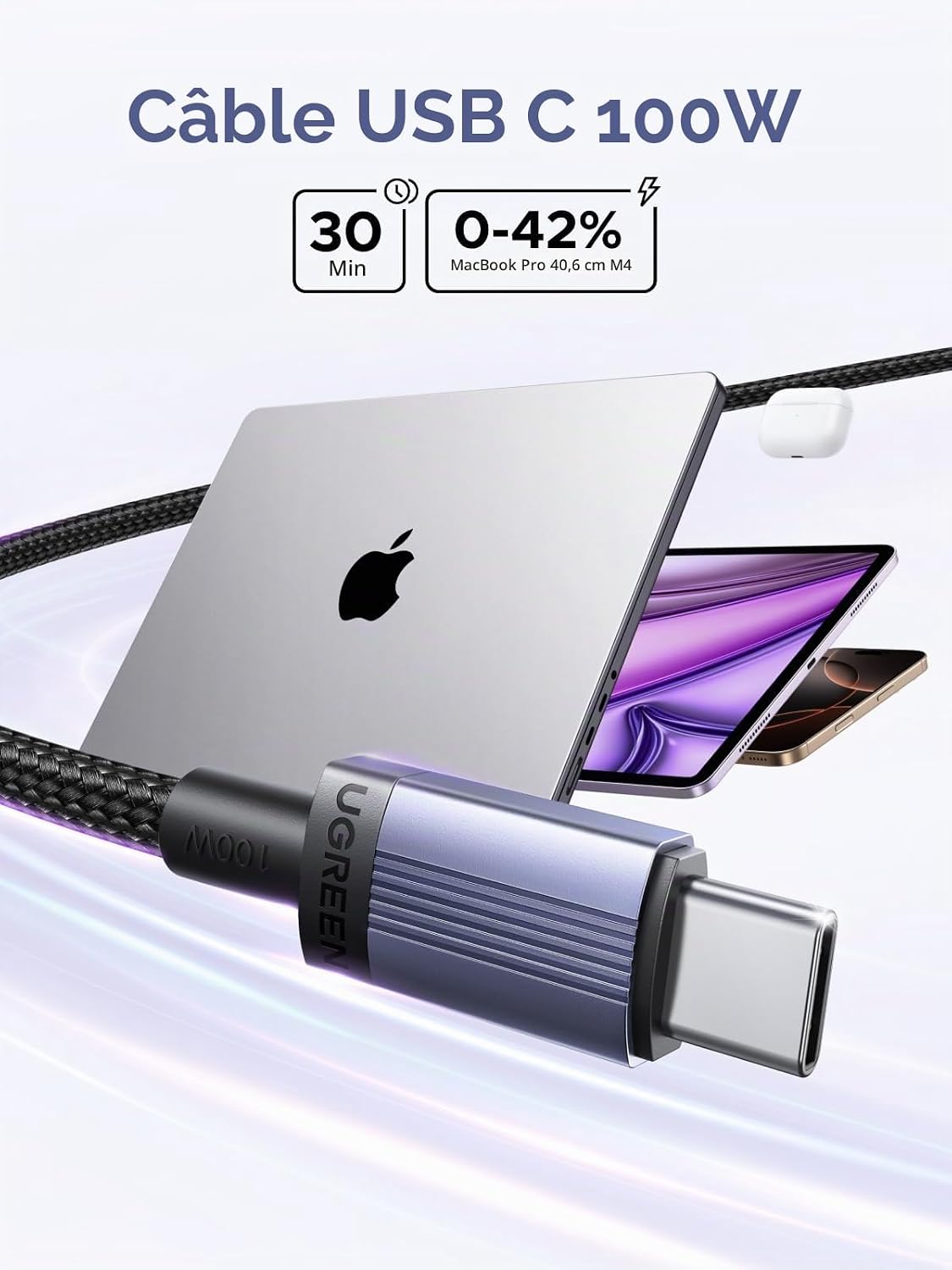 Detalle 2 de UGREEN USB-C-kabel 100 W, 3 m, gevlochten nylon en gegevensoverdracht