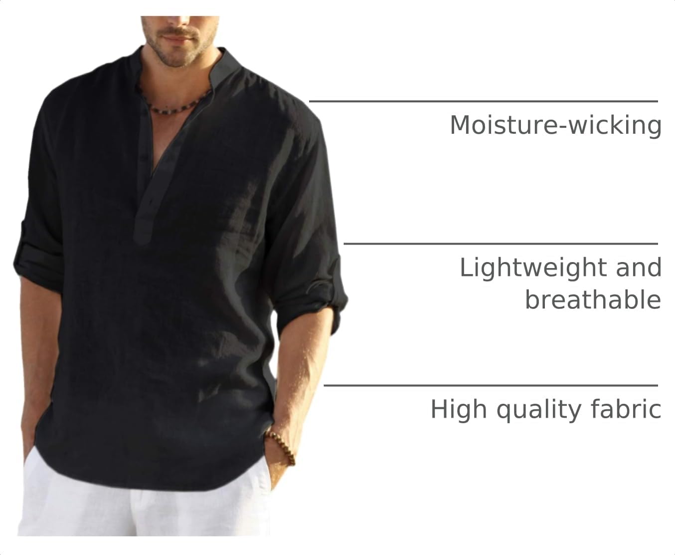 Detalle 2 de COOFANDY Men's Cotton Linen Henley T-Shirt Long Sleeve – Lightweight, Breathable Beach-Ready Henley