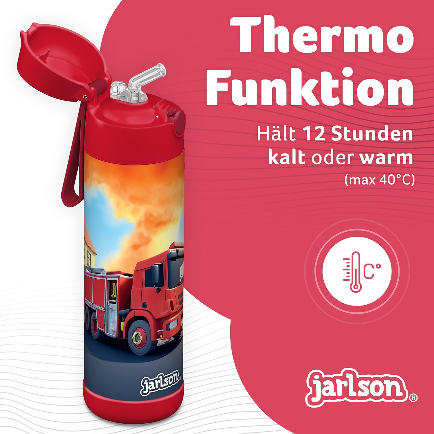 Detalle 2 de Jarlson Trinkflasche Kinder Edelstahl Charli – 500 ml, MIT STROHHALM, auslaufsicher