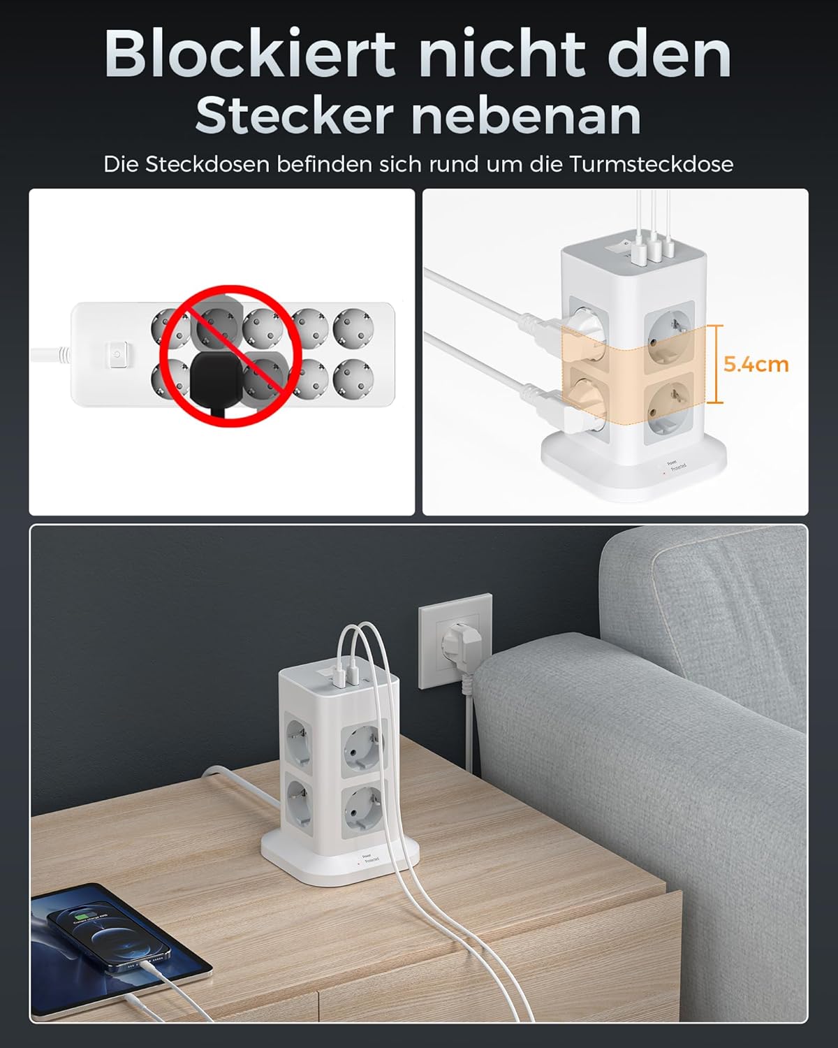 Thumbnail 5 de TESSAN 8‑fach Mehrfachsteckdose mit USB‑C 3600W 🔌