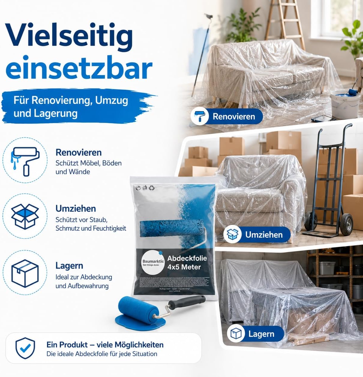 Detalle de 6-pack målarpresenning 4 x 5 m – transparent och extra stark täckfolie