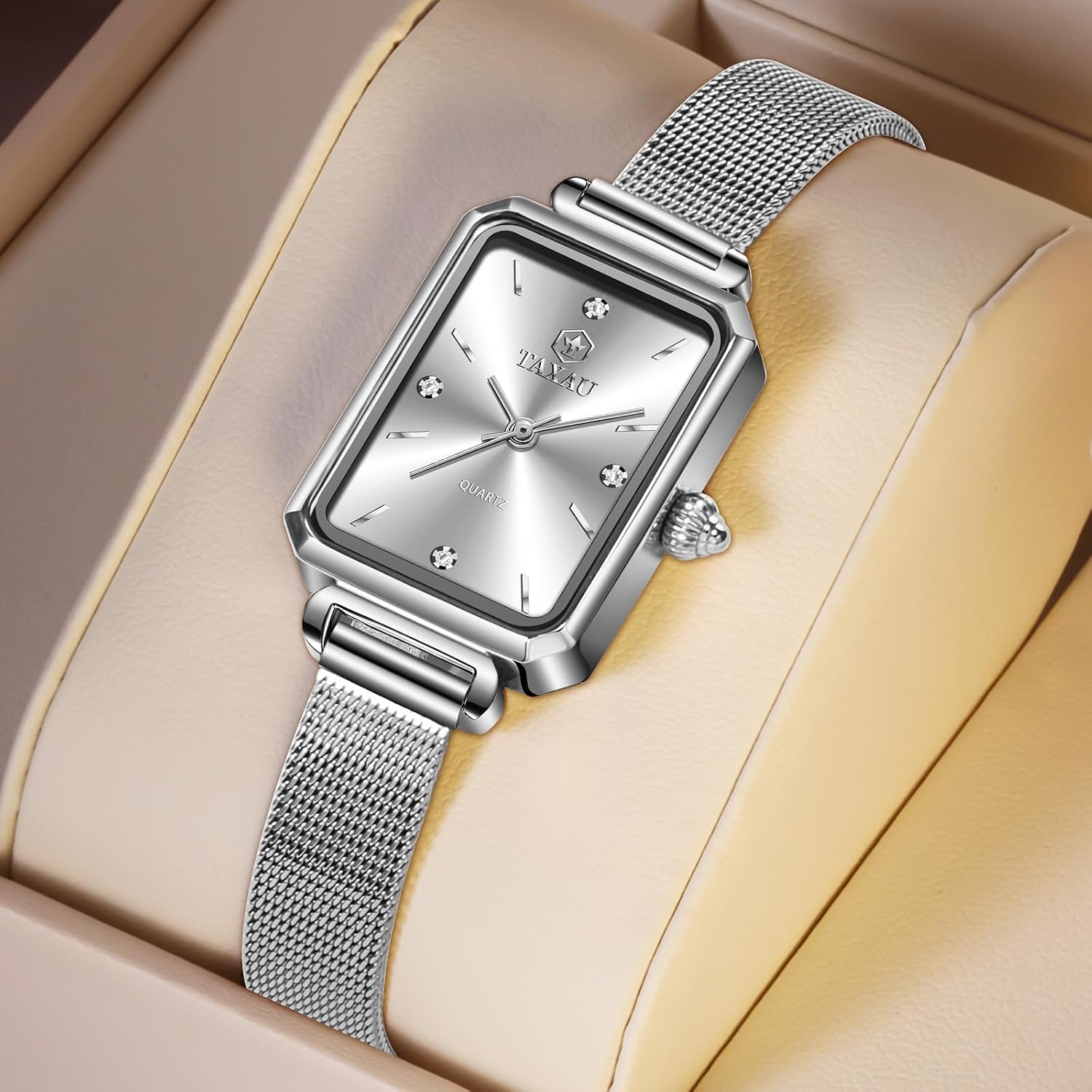 Detalle de Taxau Damenarmbanduhr eckig mit Edelstahl-Mesh-Armband (Quarz, roségold) – Wasserdicht bis 3 ATM