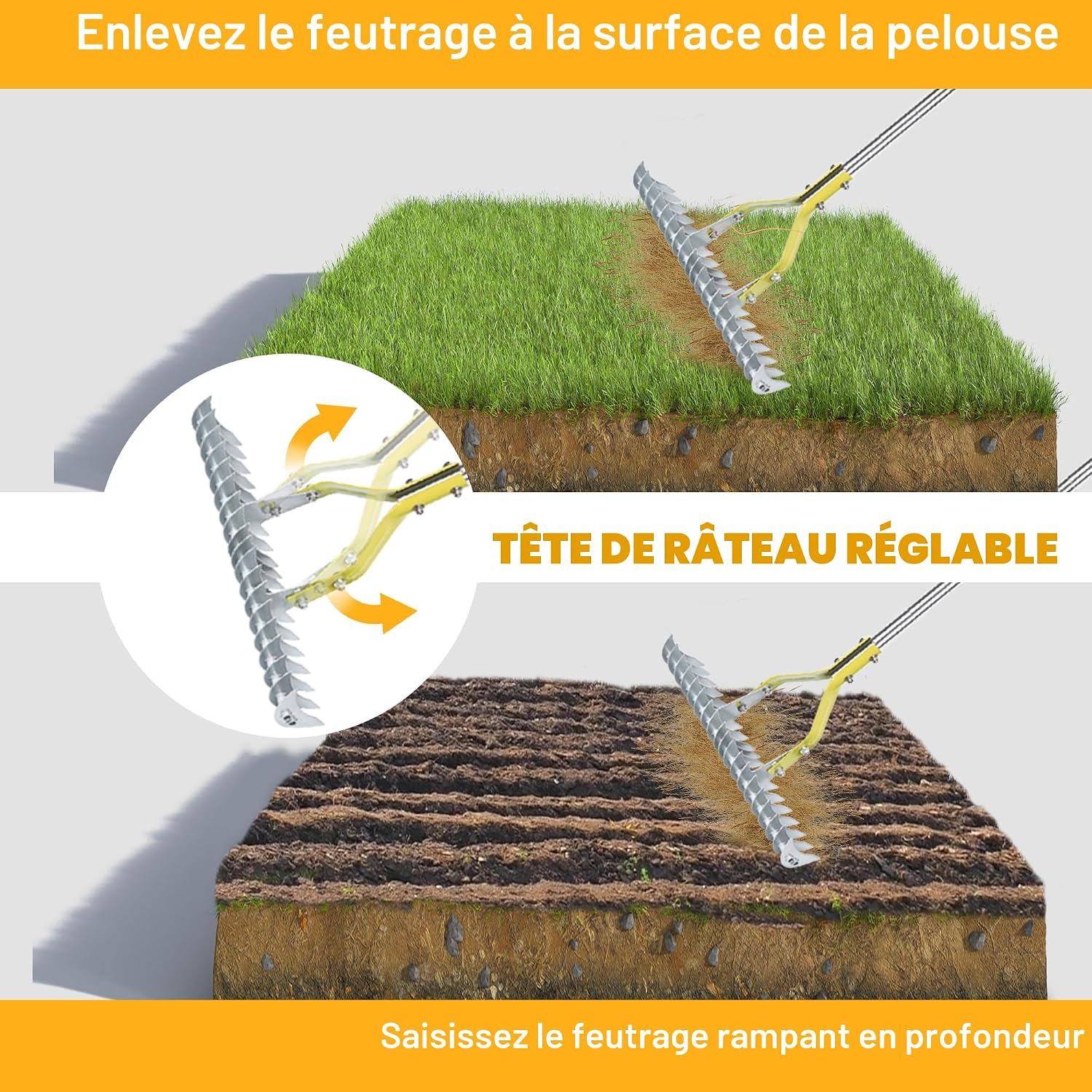 Detalle de BARAYSTUS Râteau à paille et gazon avec poignée réglable 148 cm – peigne polyvalent et robuste