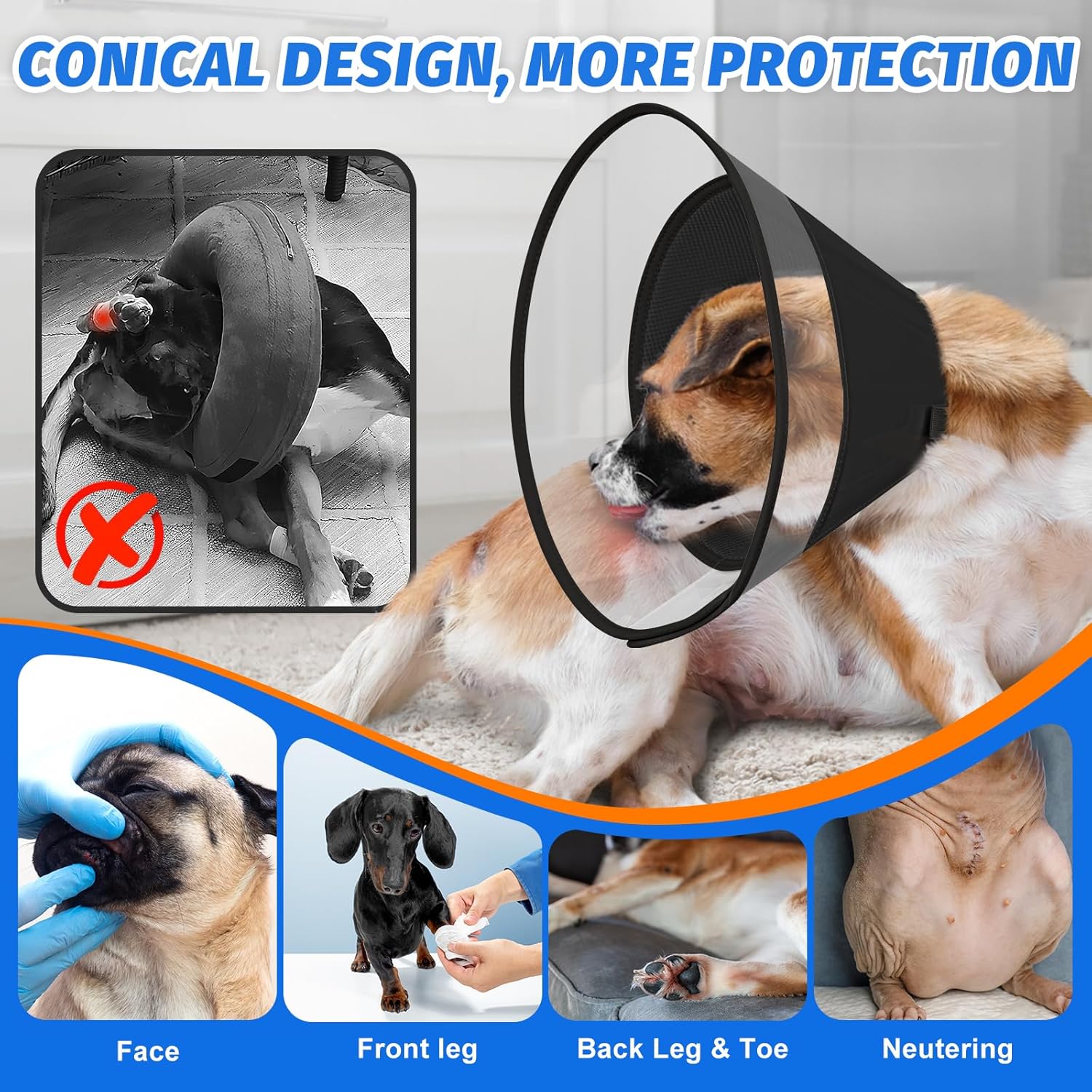 Detalle de Supet Dog Cone Collar with Soft Pad, Transparent Elizabethan Recovery Collar for Dogs
