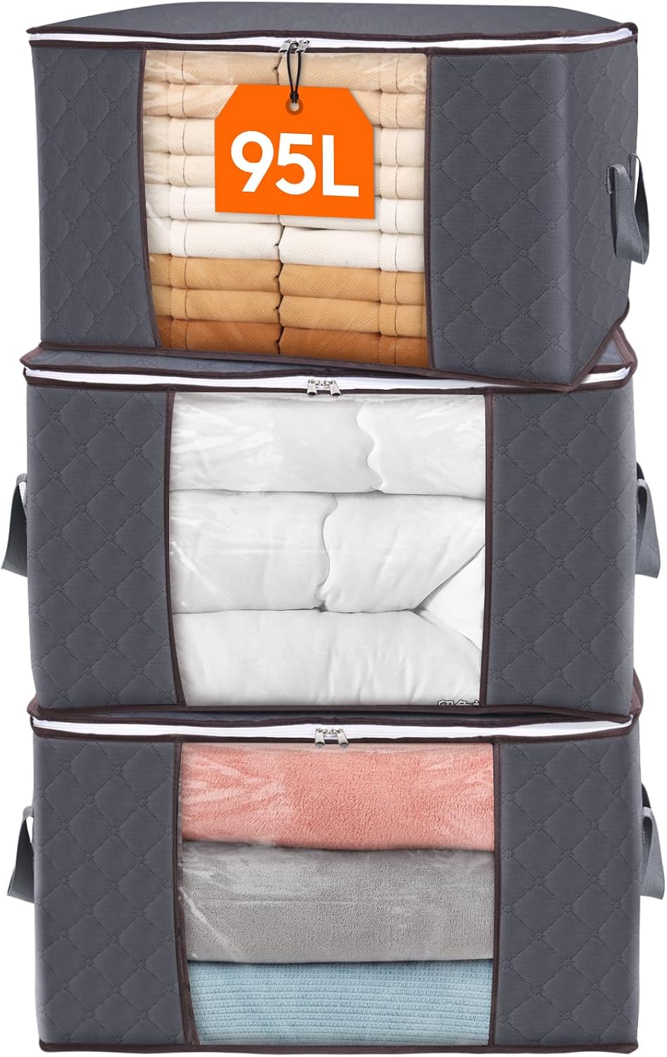 Detalle de Lifewit 95L Clothes Storage Bags 3 Pack with Lids – Large, Clear Window, Reinforced Handles