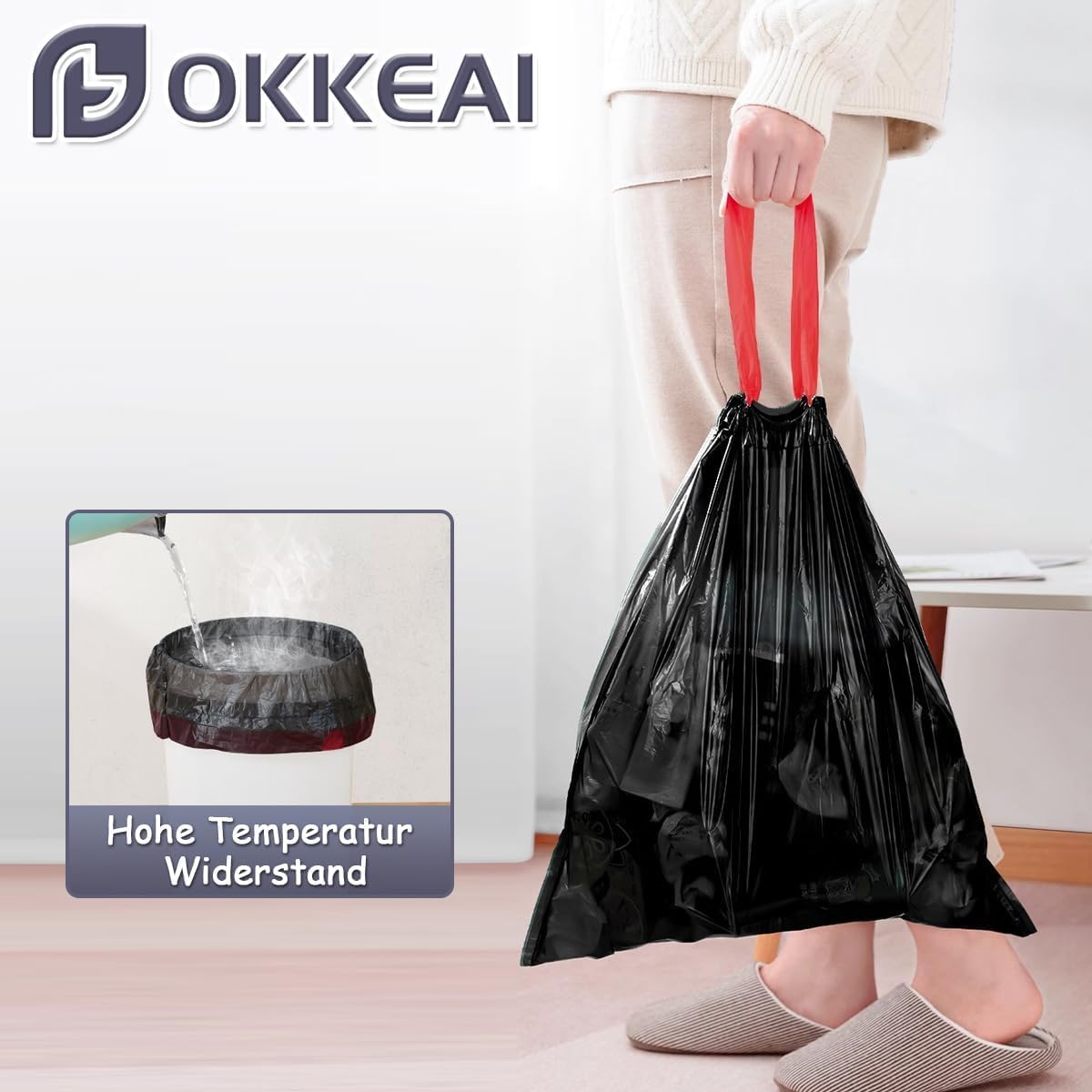 Detalle 2 de OKKEAI Schwarz Müllbeutel 15L mit Zugband – 75 Stück (Größe L, 60 x 50 cm)