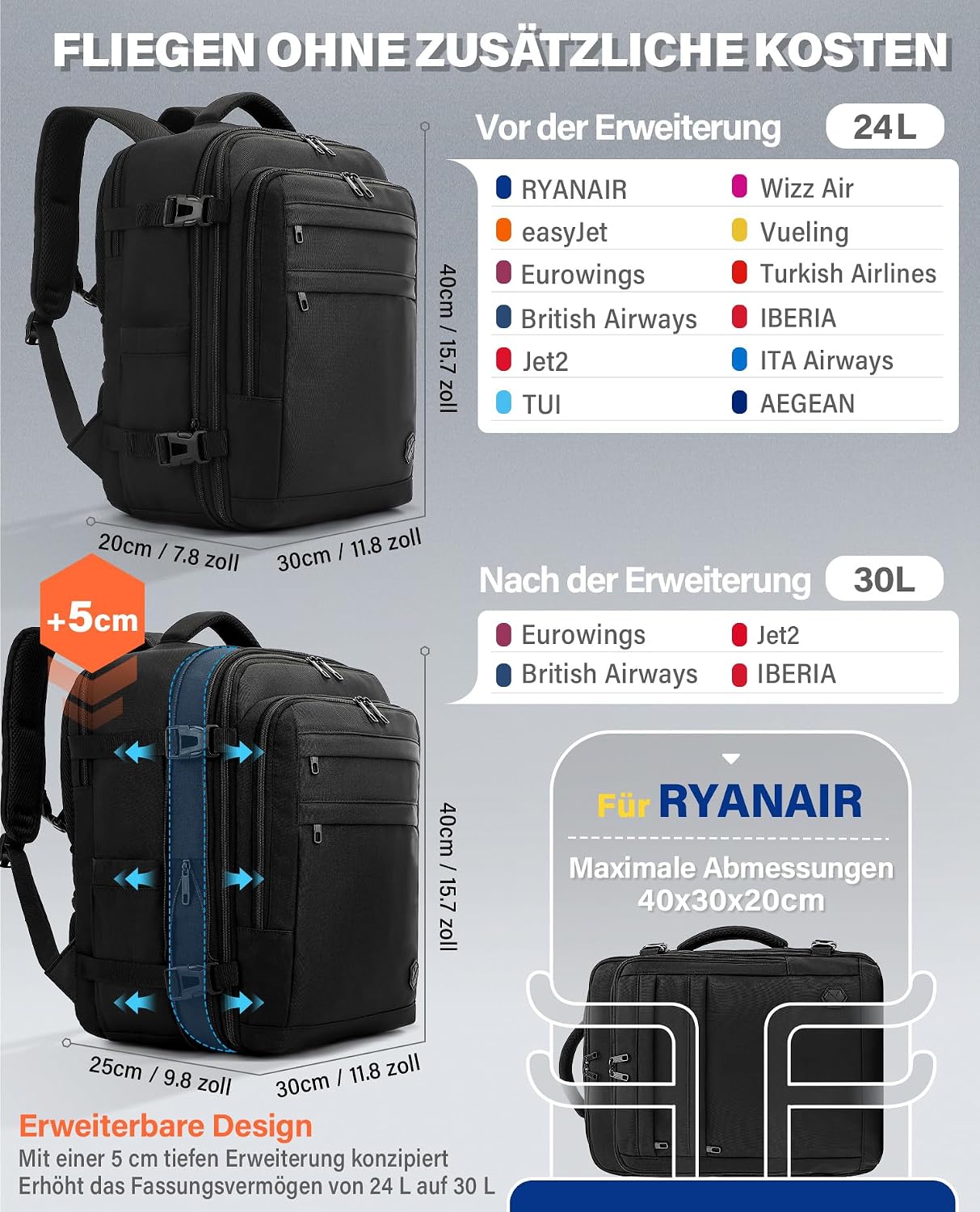 Detalle 2 de VANKEV Handgepäck Rucksack 30L