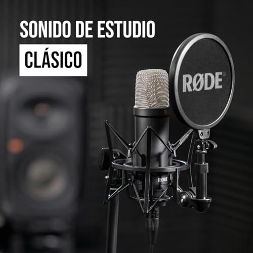 Detalle de RØDE NT1 Signature Series: micrófono de condensador de gran diafragma con soporte antivibraciones, filtro antipop y cable XLR
