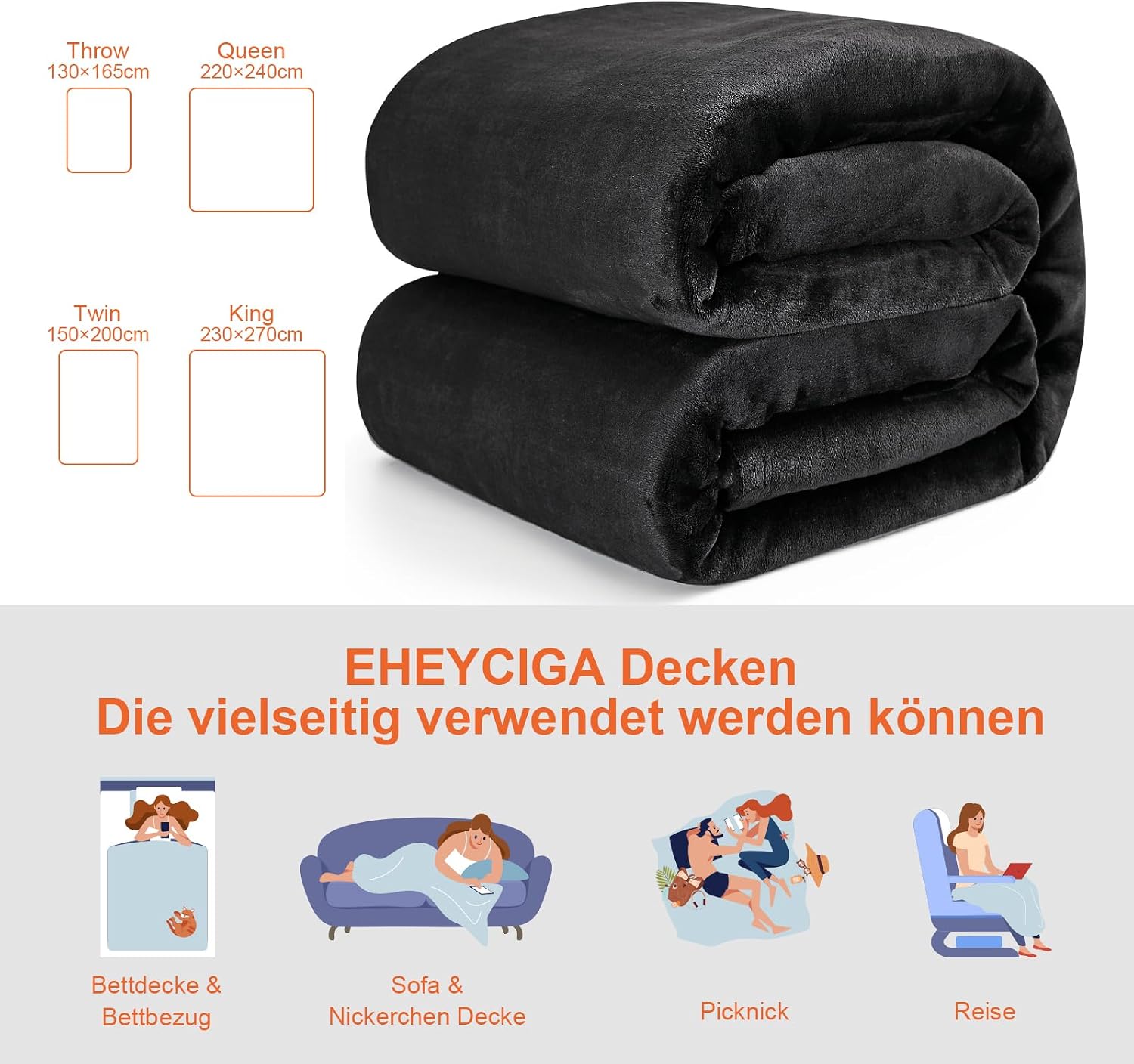 Thumbnail 4 de EHEYCIGA fleece blanket 220x240cm black
